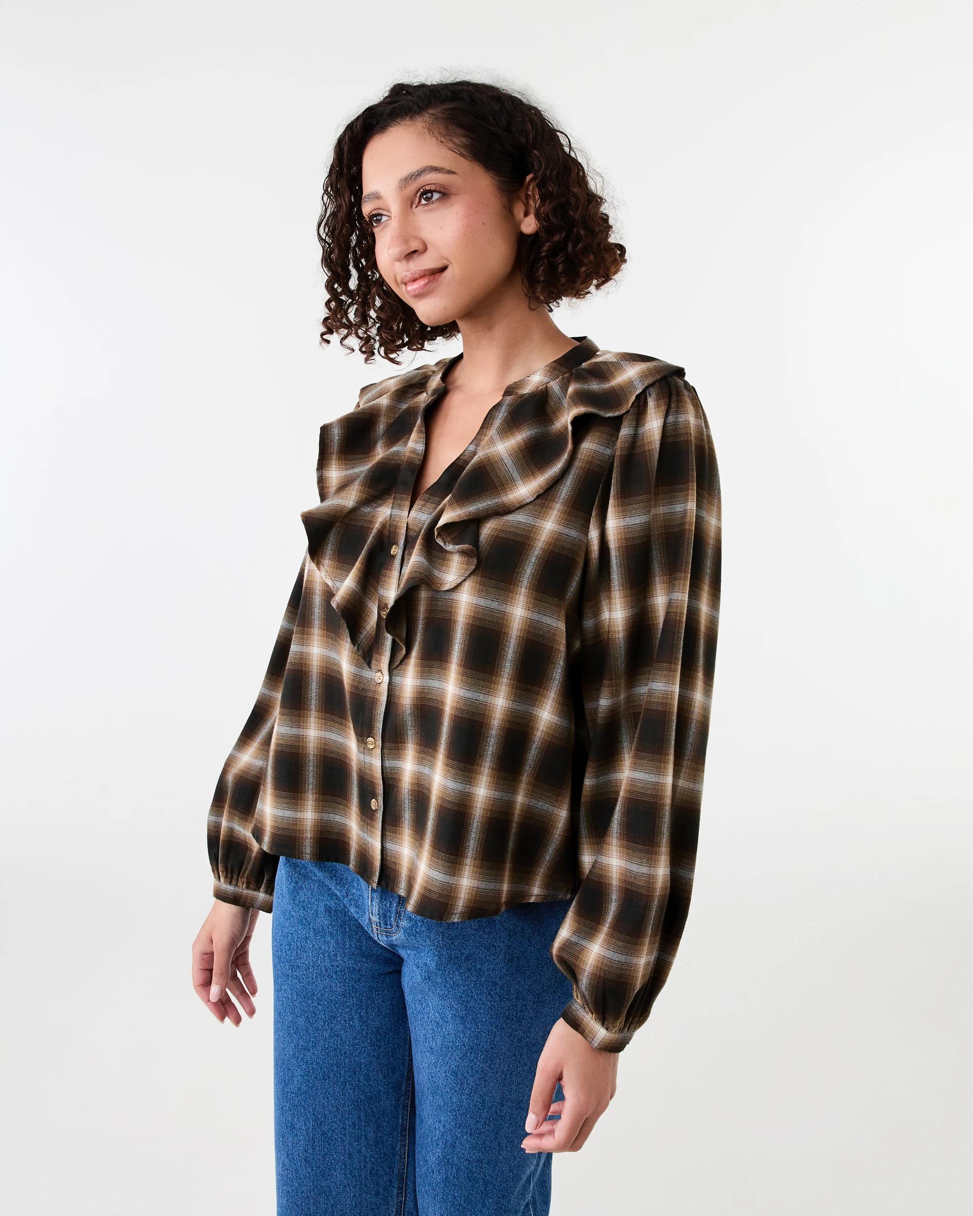 2 Long Sleeve Frill Button Through Top Brwn Check, 2 of 7