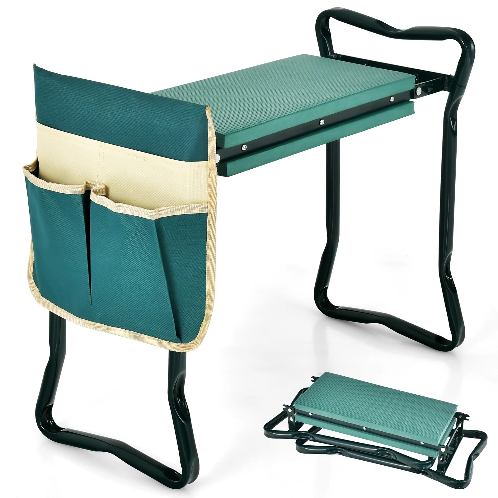 1 Costway Foldable Garden Kneeler Portable Work Bench Seat Stool Kneeling Pad w/Tool Pouch - Green, 1 of 3
