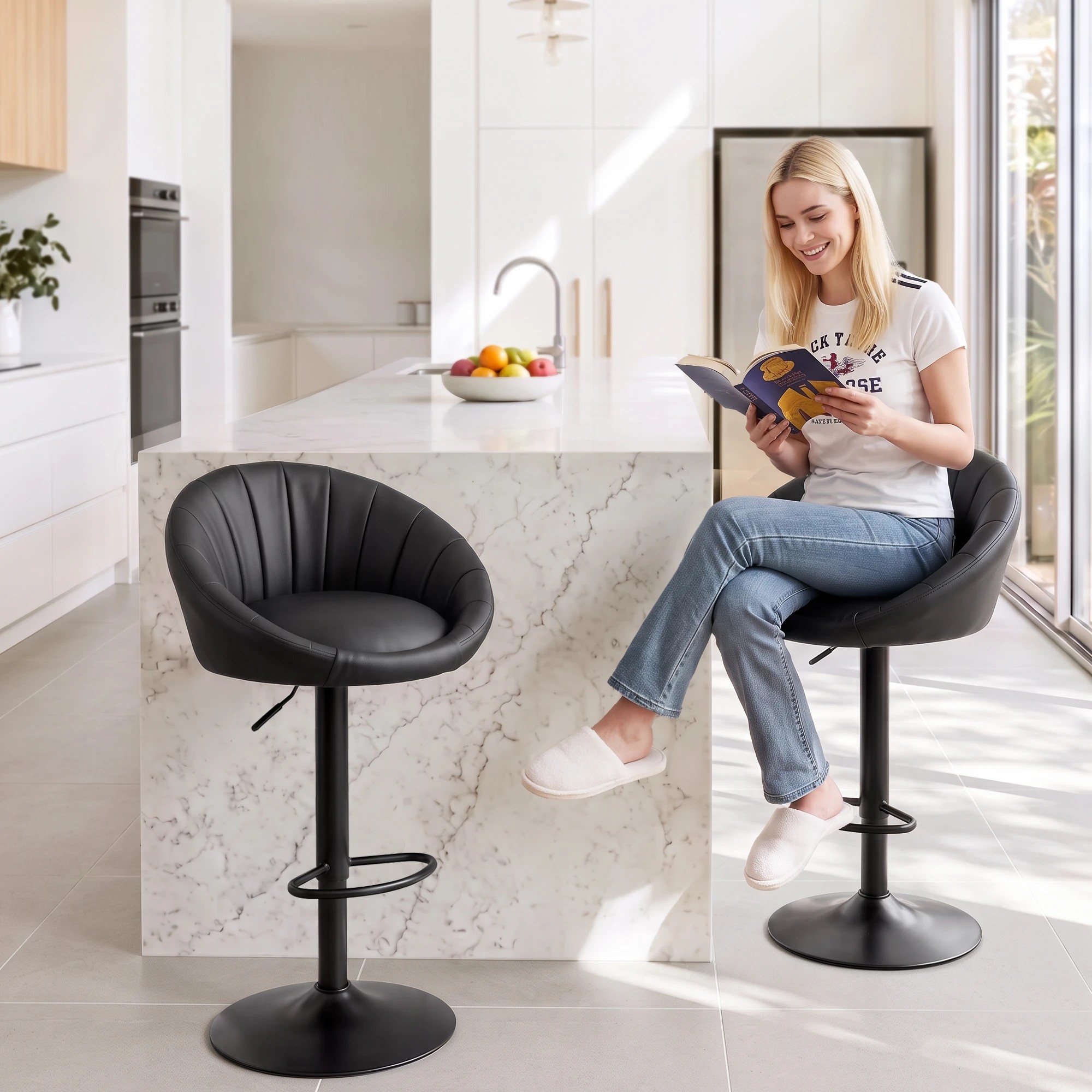 Artiss 4x Bar Stools Dining Chairs Rounded Shell PU Leather - Black - Kmart