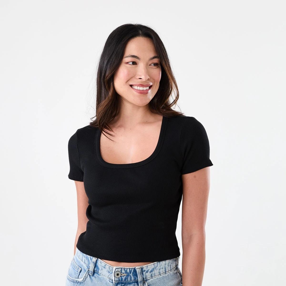 1 Short Sleeve Rib Square Neck T-shirt Black, 1 of 5