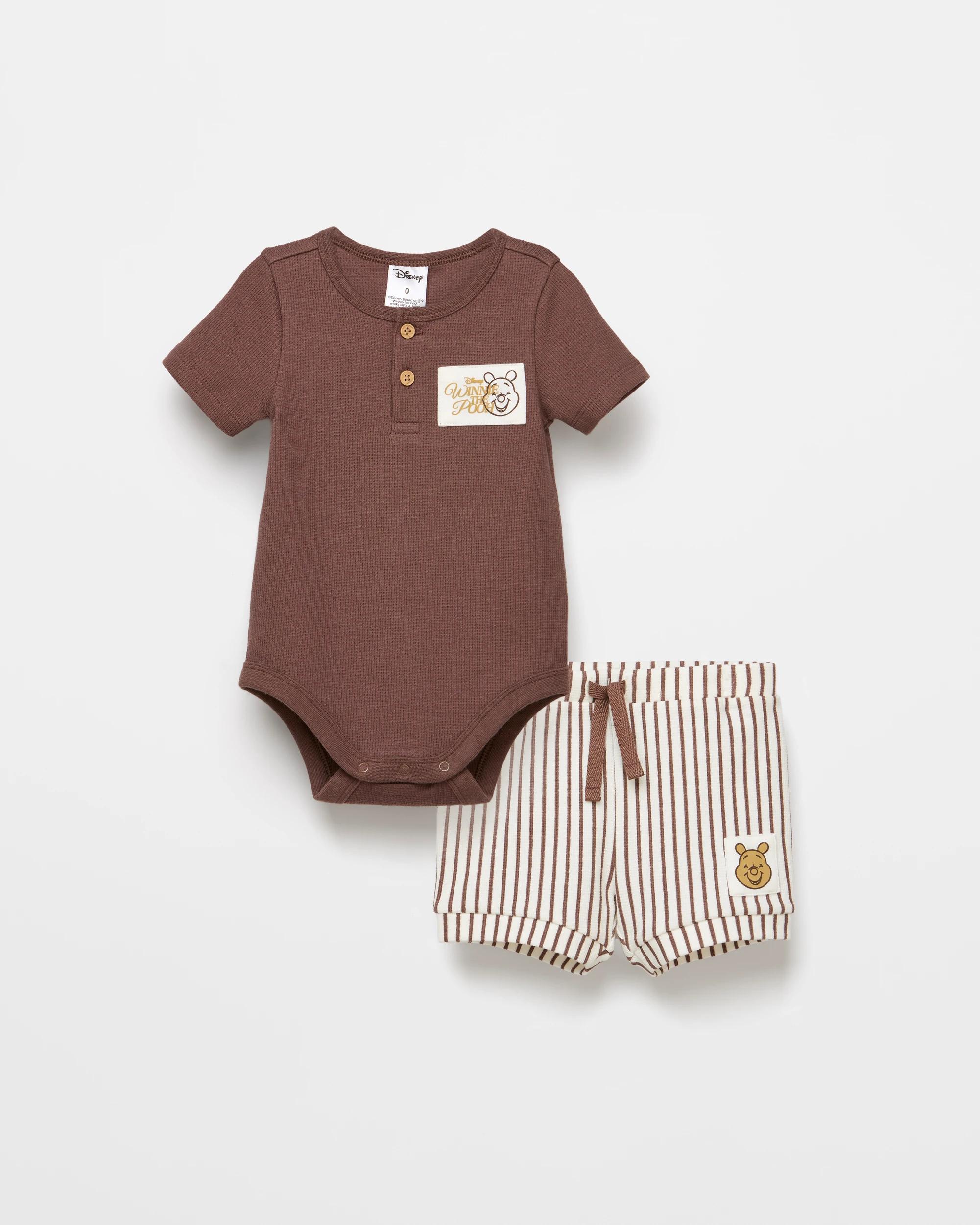 1 Baby Disney Organic Cotton Waffle Bodysuit And Shorts 2 Piece Set WINNIE THE POOH, 1 of 3