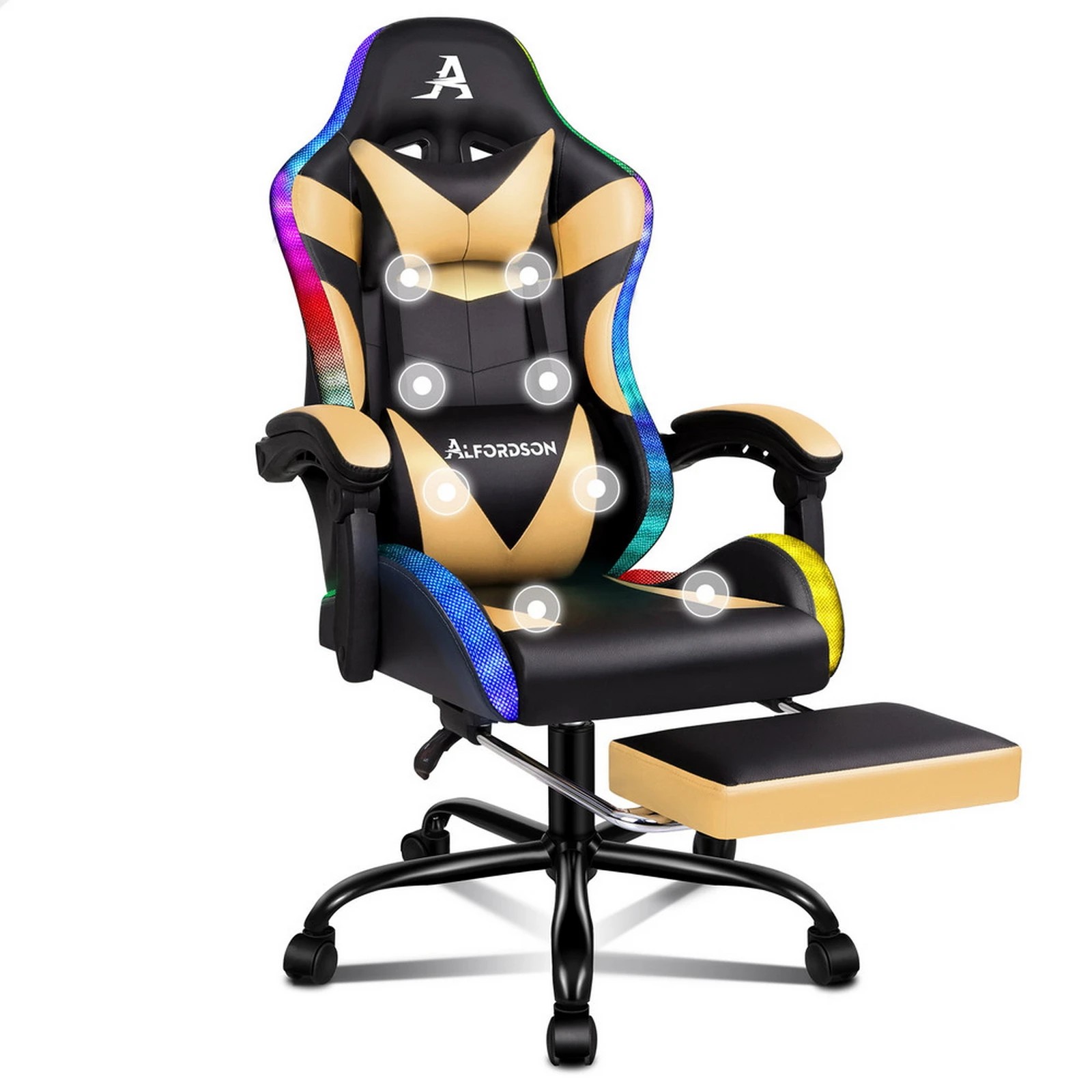 1 Alfordson Gaming Chair Office Massage 12 RGB LED Computer Seat PU Leather - Gold, 1 of 10