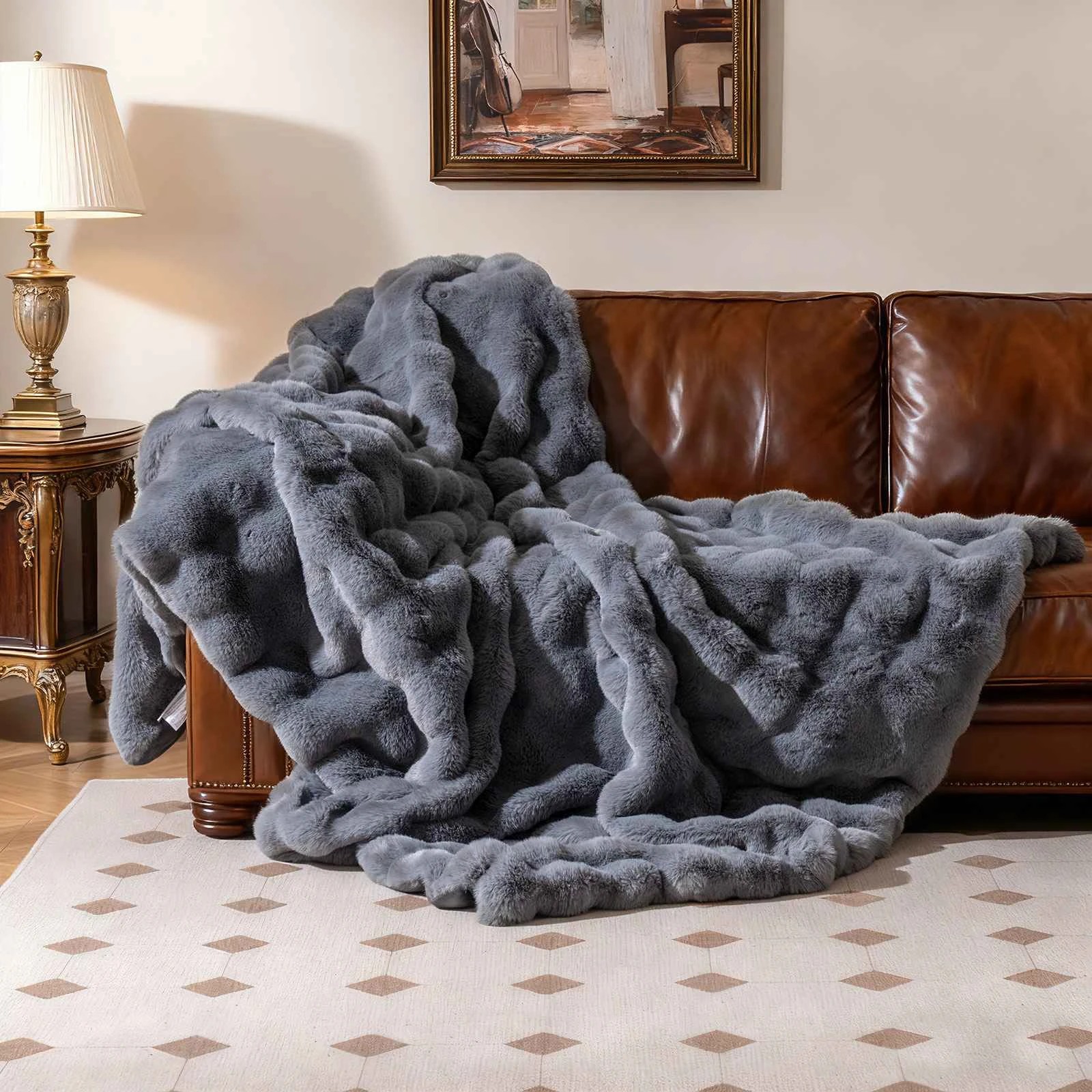 2 ostway Bubble Faux Rabbit Fur Throw Blanket Reversible Soft Plush Sofa Bed Blanket - Grey, 2 of 4