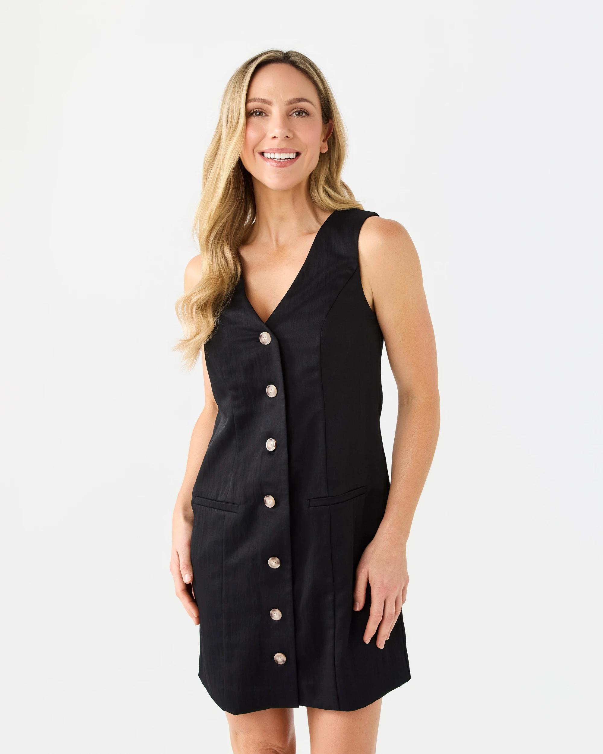 1 Sleeveless Tailored Button Front Mini Dress Black, 1 of 8
