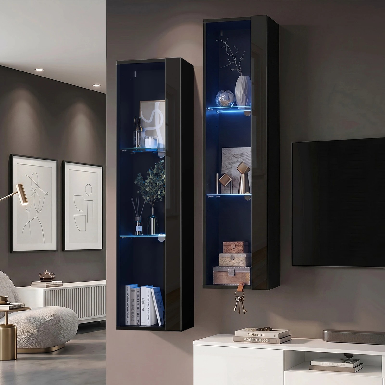 3 Oikiture 2PCS LED Display Cabinet Wall Mounted Storage Cupboard Cabinet - Black, 3 of 8