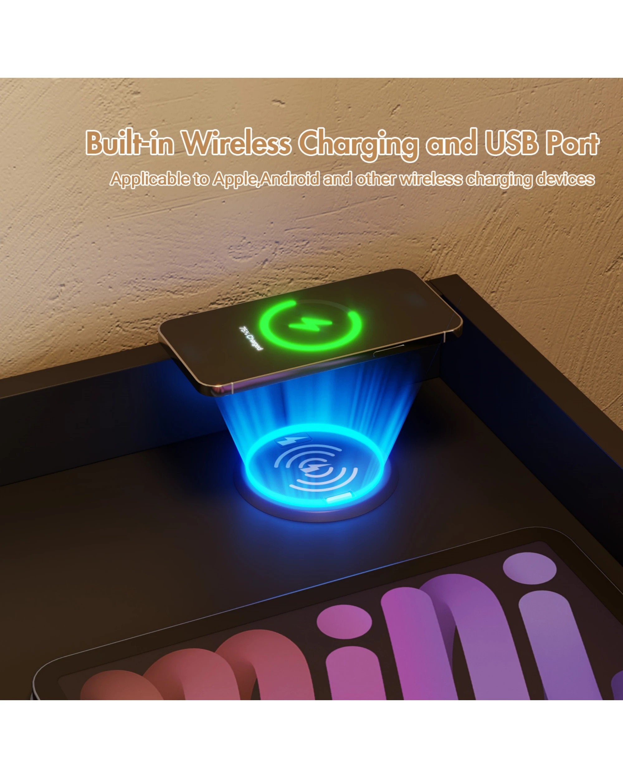7 Advwin Bedside Table Wireless Charging Station Led Lights 2 Drawers Storage
 - Black, 7 of 9