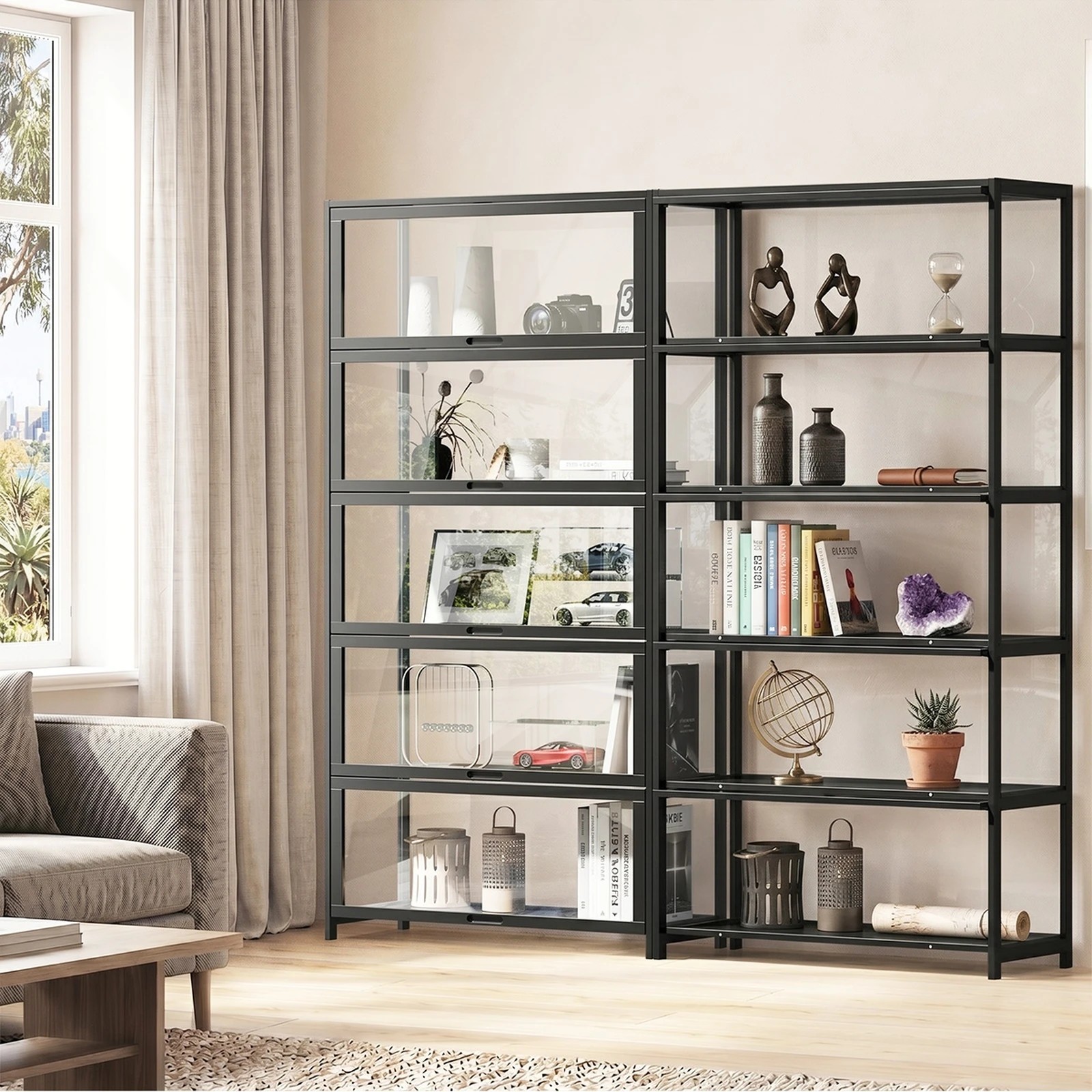 4 Oikiture Display Cabinet Storage 5-Tier Shelves Tall Clear Bookcase Rack - Black, 4 of 8