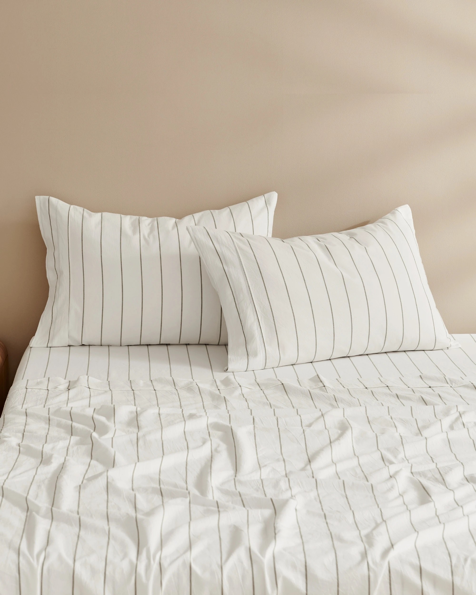1 Dreamaker Rumi Stripe Washed Cotton Standard Pillowcase Twin Pack - White with Olive, 1 of 4