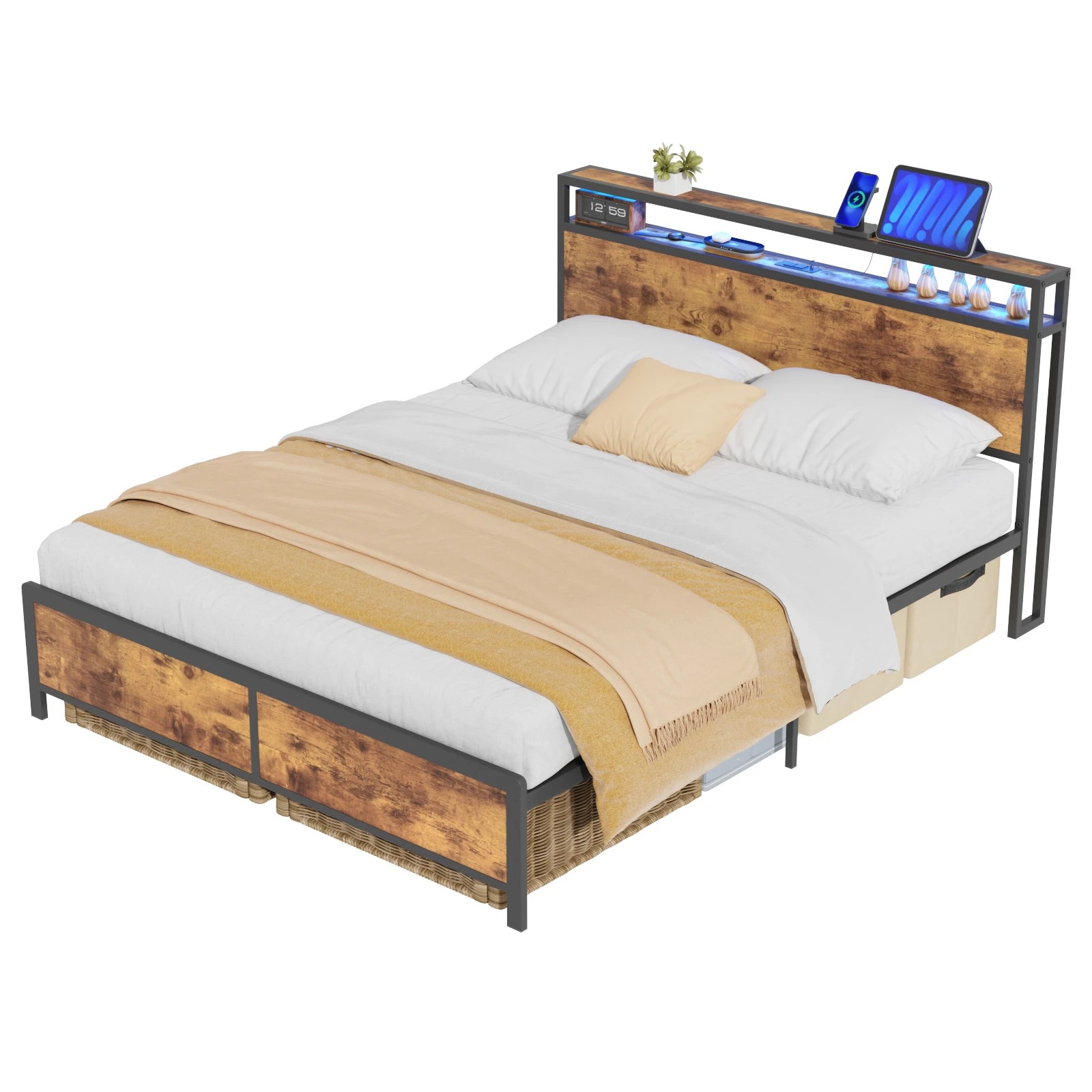 1 Advwin Double Bed Frame With Charging Station & Rgb Led Lights Storage Headboard, 1 of 9