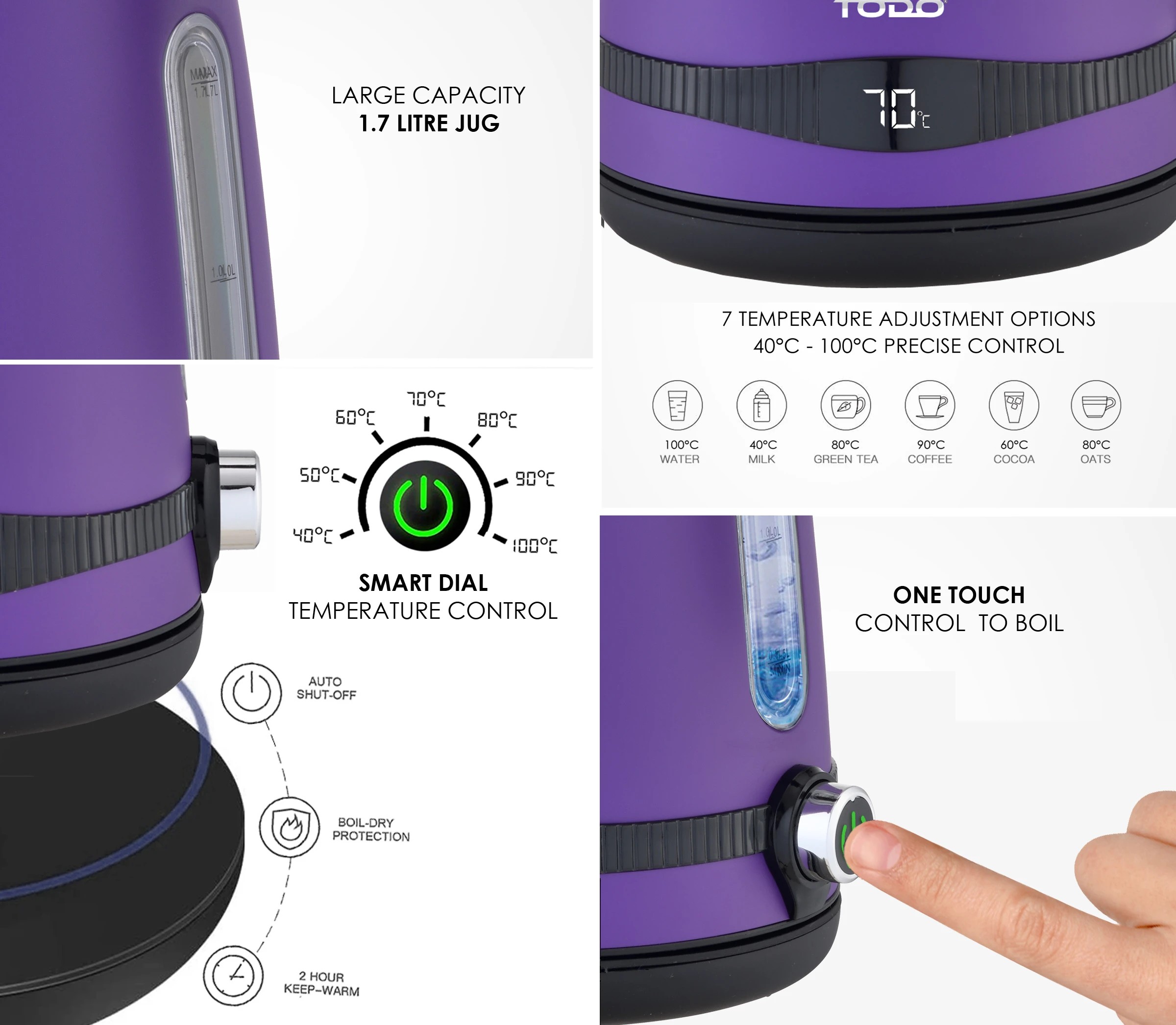7 TODO 1.7L Stainless Steel Cordless Kettle Keep Warm Electric Led Water Jug - Purple, 7 of 7