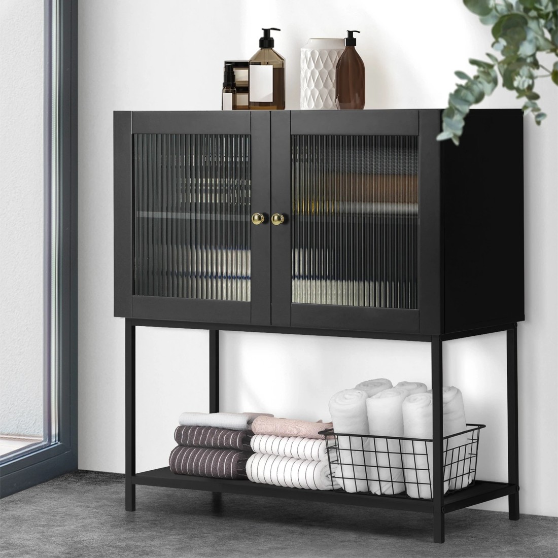 3 Oikiture Storage Cabinet Floor Cupboard Two Tempered Glass Door
 - Black, 3 of 9