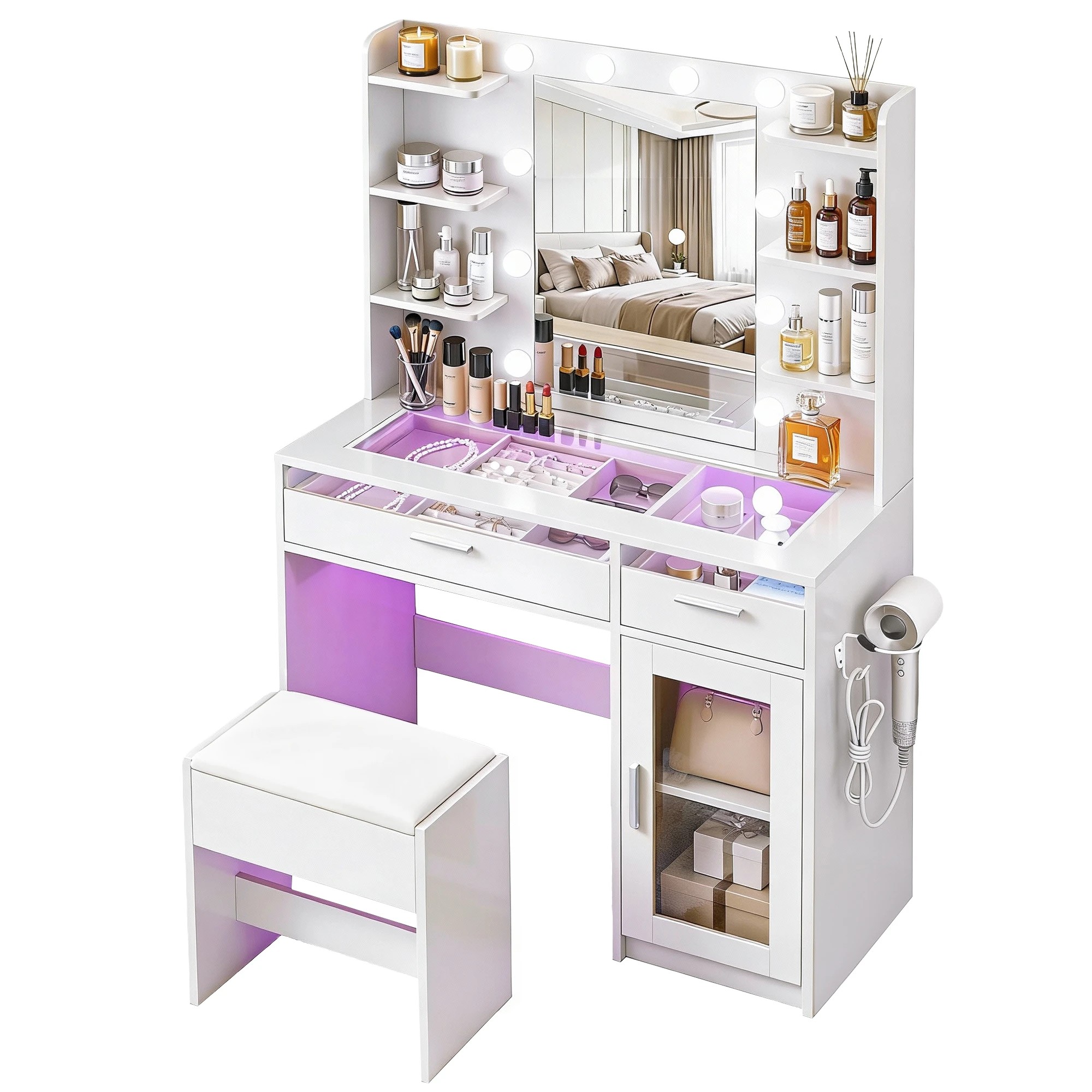 1 Artiss Dressing Table Vanity Desk Set 10 LED Bulbs RGB Light - White, 1 of 10