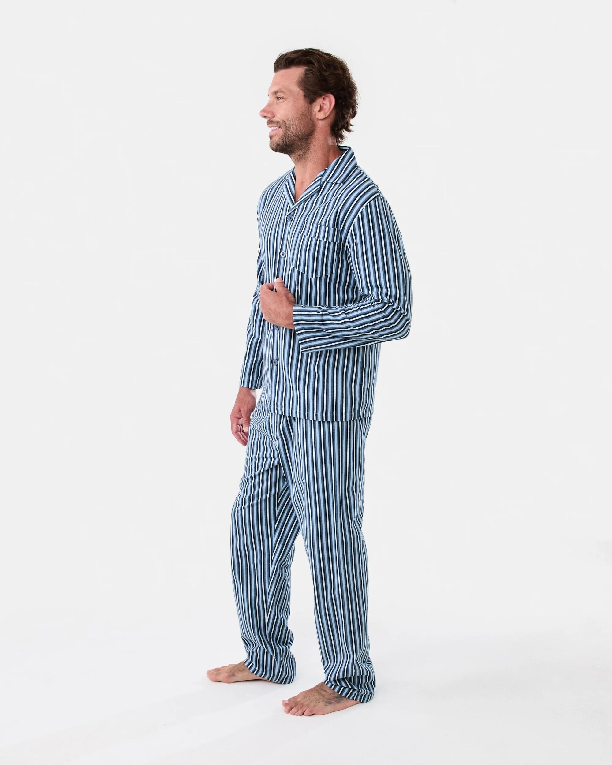 2 Print Flannel Pyjama Set Blu Stripe, 2 of 8