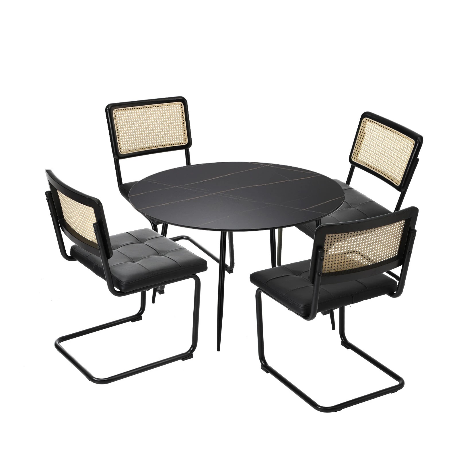 1 Oikiture 5PCS Dining Table Set 1.1m Round Dining Table and Chairs PU Leather Padded Seat - Black, 1 of 9