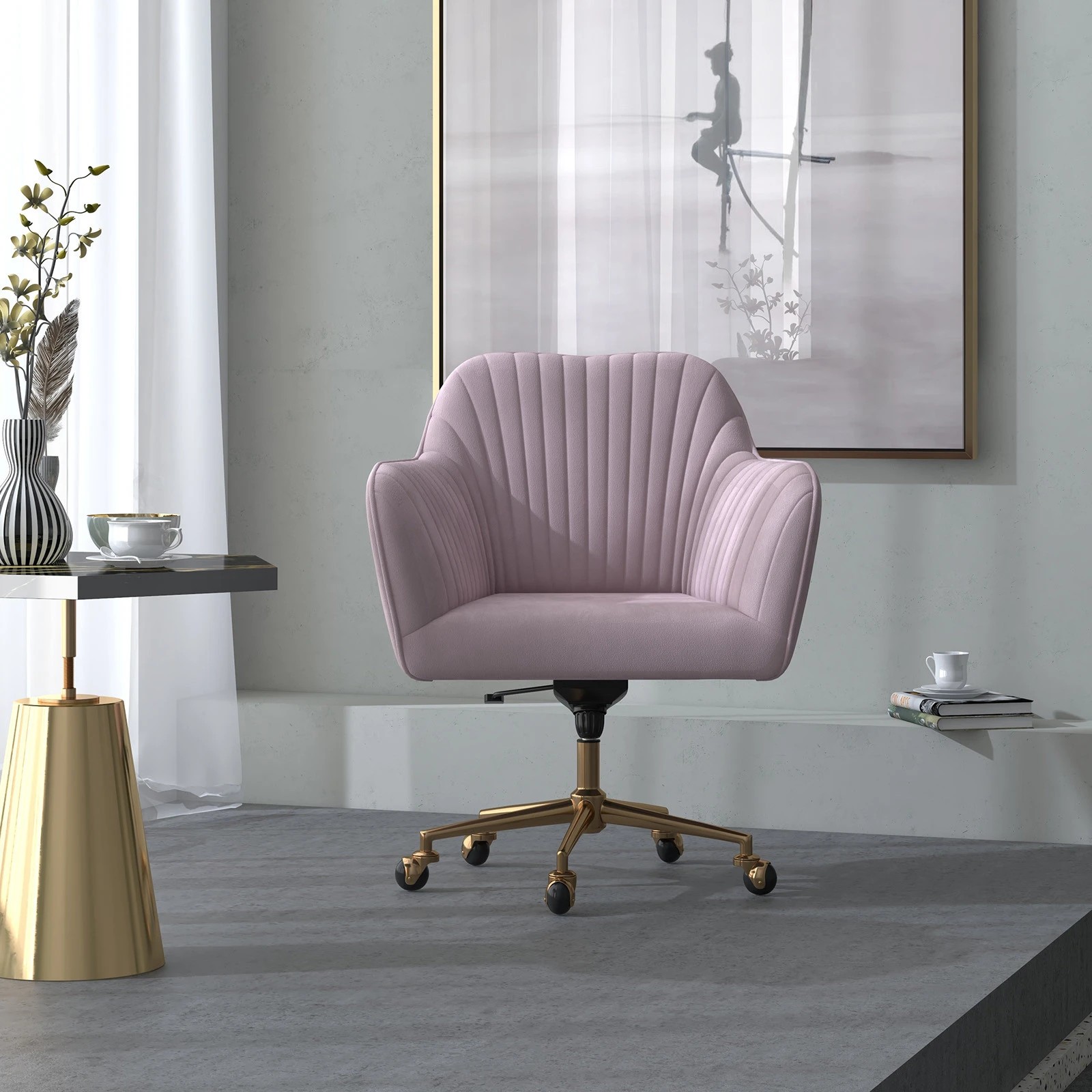 2 Casa Decor Arles Velvet Office Chair Mid Back Swivel Height Adjustable - Pink, 2 of 10