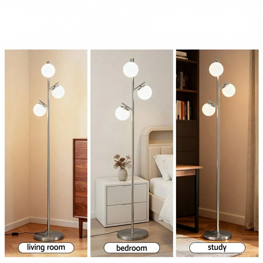 5 Artiss 3-Light Tree Floor Lamp 165cm Tall Standing Light with Sphere Glass Shades for Modern Homes - Silver - Silver, 5 of 6