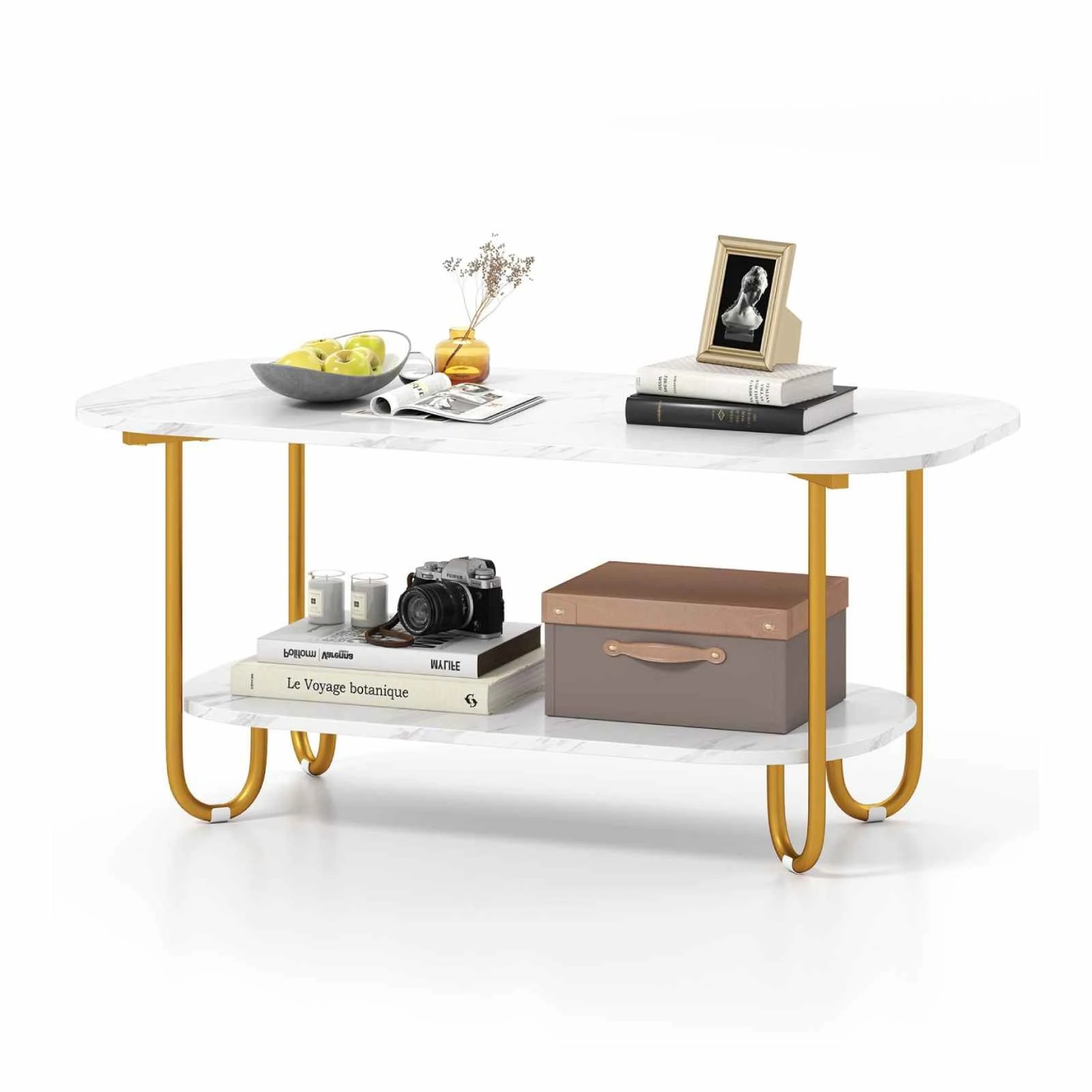 5 Costway 2-Tier Faux Marble Coffee Table Metal Side Table w/Storage Shelf, 5 of 5