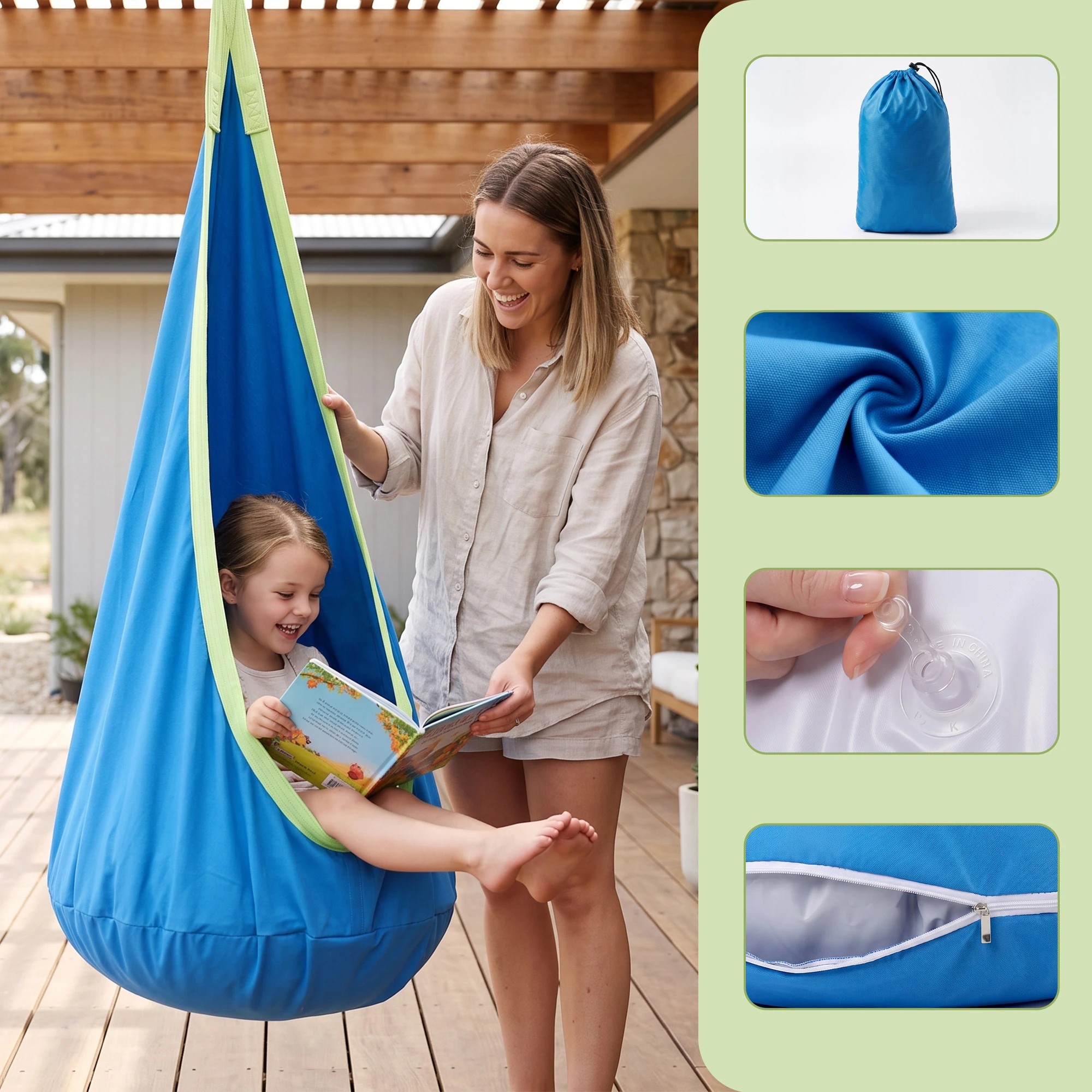 4 Gardeon Kids Hammock Chair Indoor Outdoor Hanging Swinging Tent with Inflatable Cushion 70cmx150cm - Blue, 4 of 9