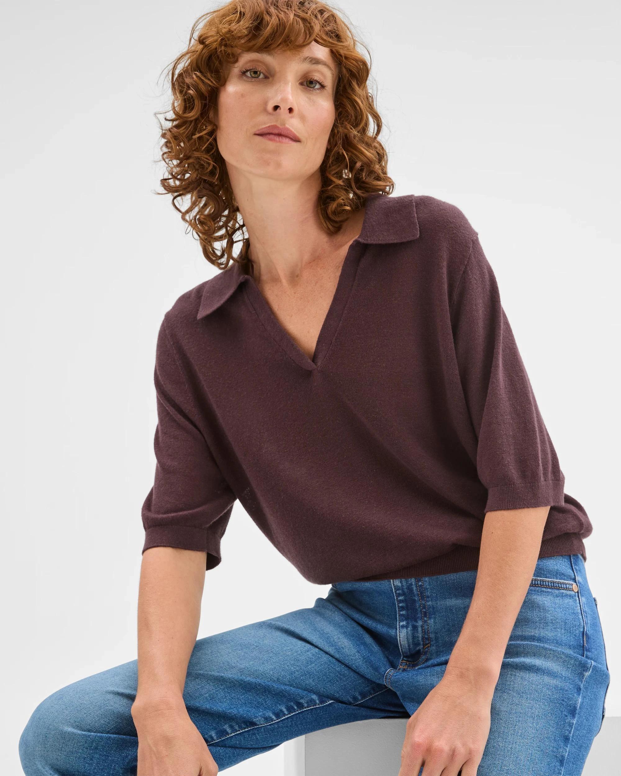 1 Target Woman Linen Blend Short Sleeve Polo Knit Top WINE TRUFFLE, 1 of 6