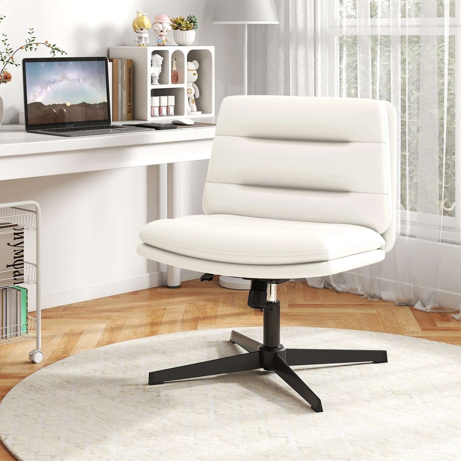 2 Costway Criss Cross Legged Chair PU Leather Home Office Computer Desk Chair Swivel Makeup Vanity Chair, 2 of 4