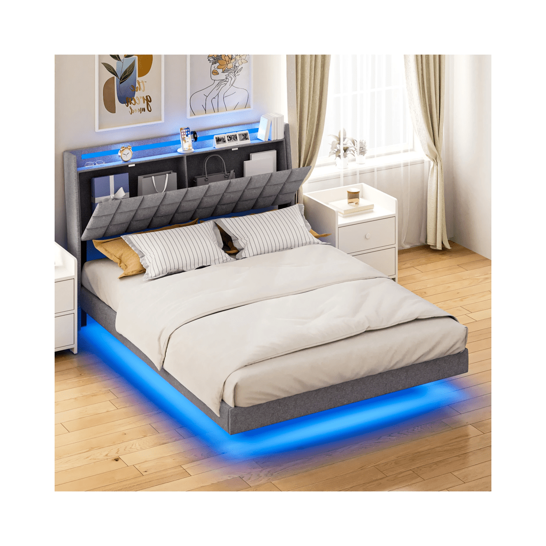 2 Advwin Queen Floating Bed Frame With Led Lights And Storage Headboard Dark Grey, 2 of 9