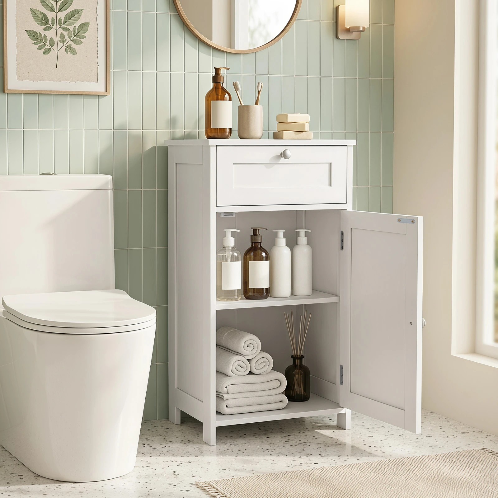 5 Costway Bathroom Cabinet Toilet Storage Cupboard Laundry Sideboard w/Drawer - White, 5 of 7