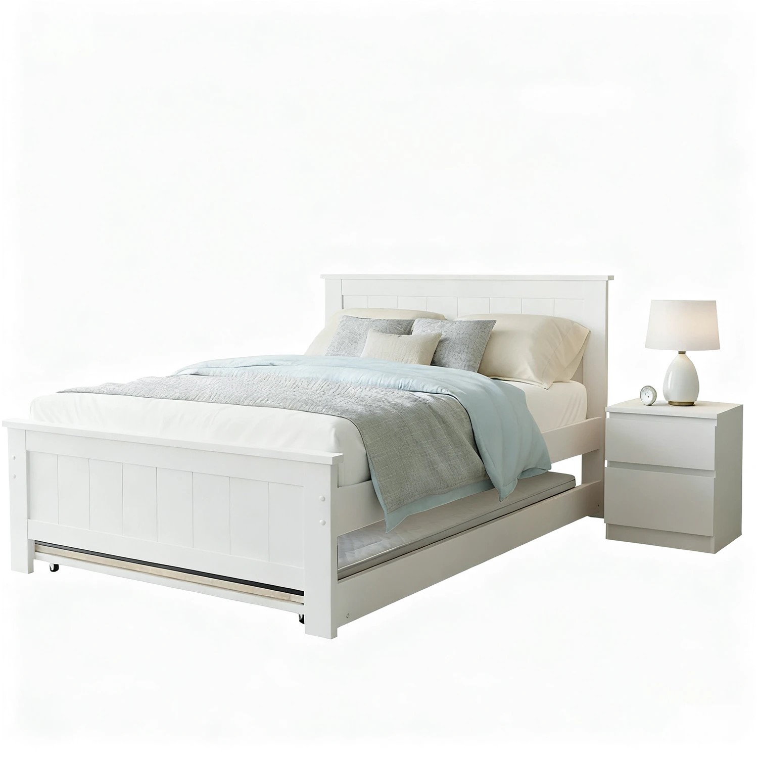 1 Artiss King Single Bed Frame and Bedside Table - White, 1 of 9