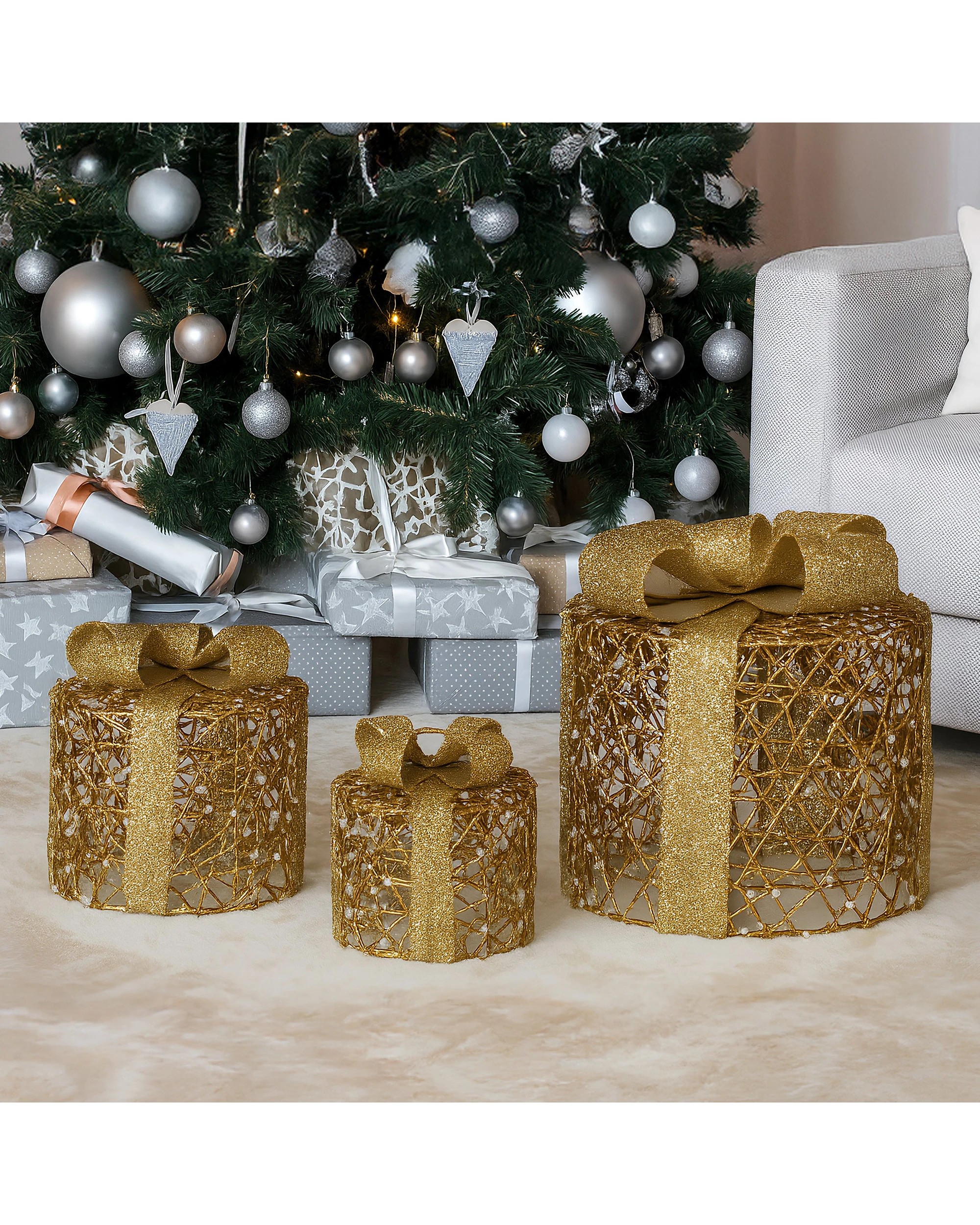 6 Christabelle Set Of 3 Golden Christmas Gift Boxes Led Lights Indoor Holiday Decoration Ornament, 6 of 7