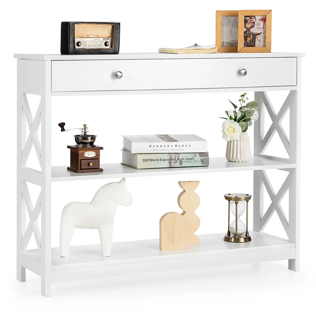 9 Costway 3-Tier Console Table w/Drawer Display Table - White, 9 of 10
