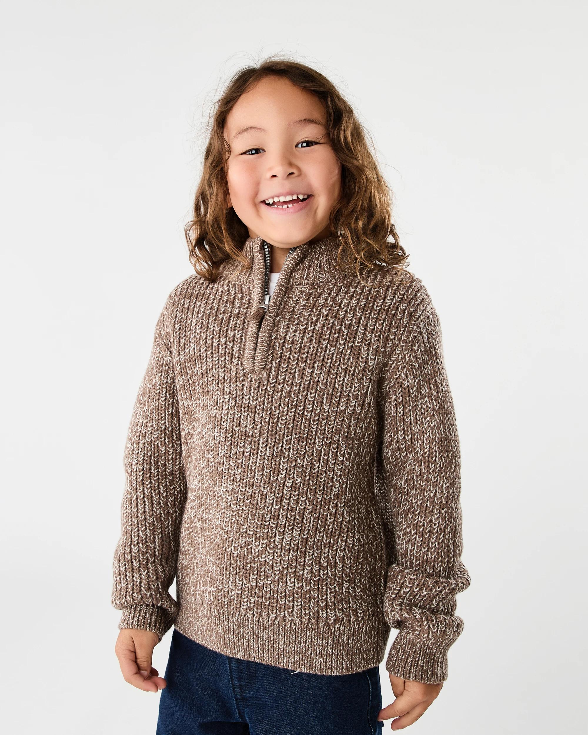 1 Fisherman Quarter Zip Knit Jumper Brn Rib, 1 of 5