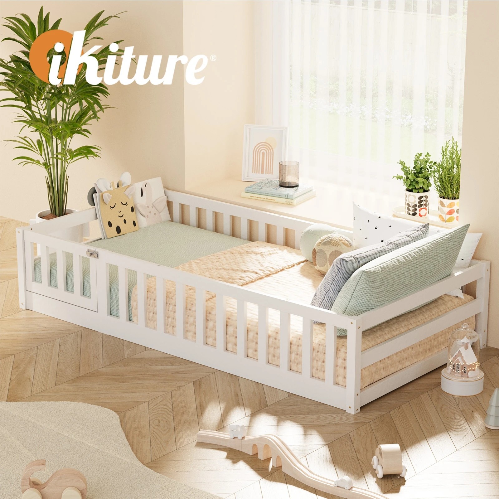 6 Oikiture Single Kids Bed Frame with Gate Fence Wood - White, 6 of 10