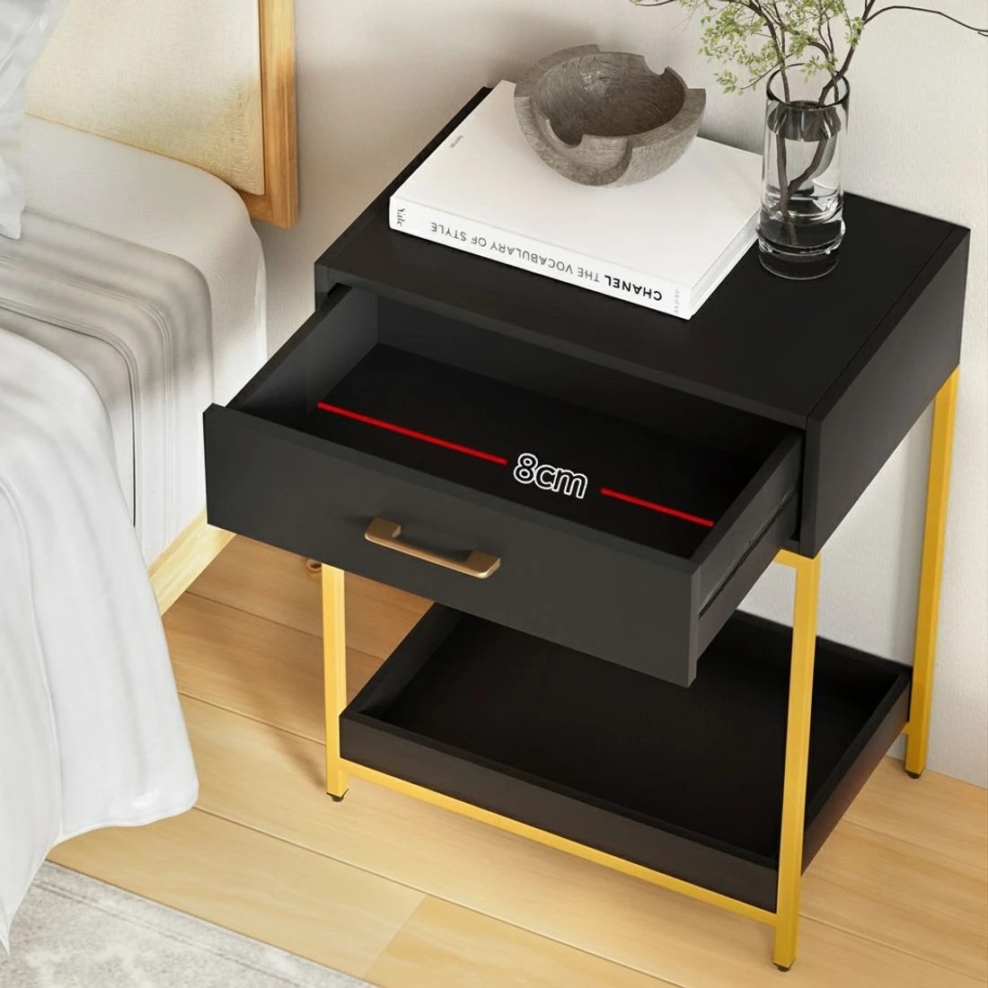 4 Artiss Bedside Table 1 Drawer with Shelf - MASON - Black, 4 of 7