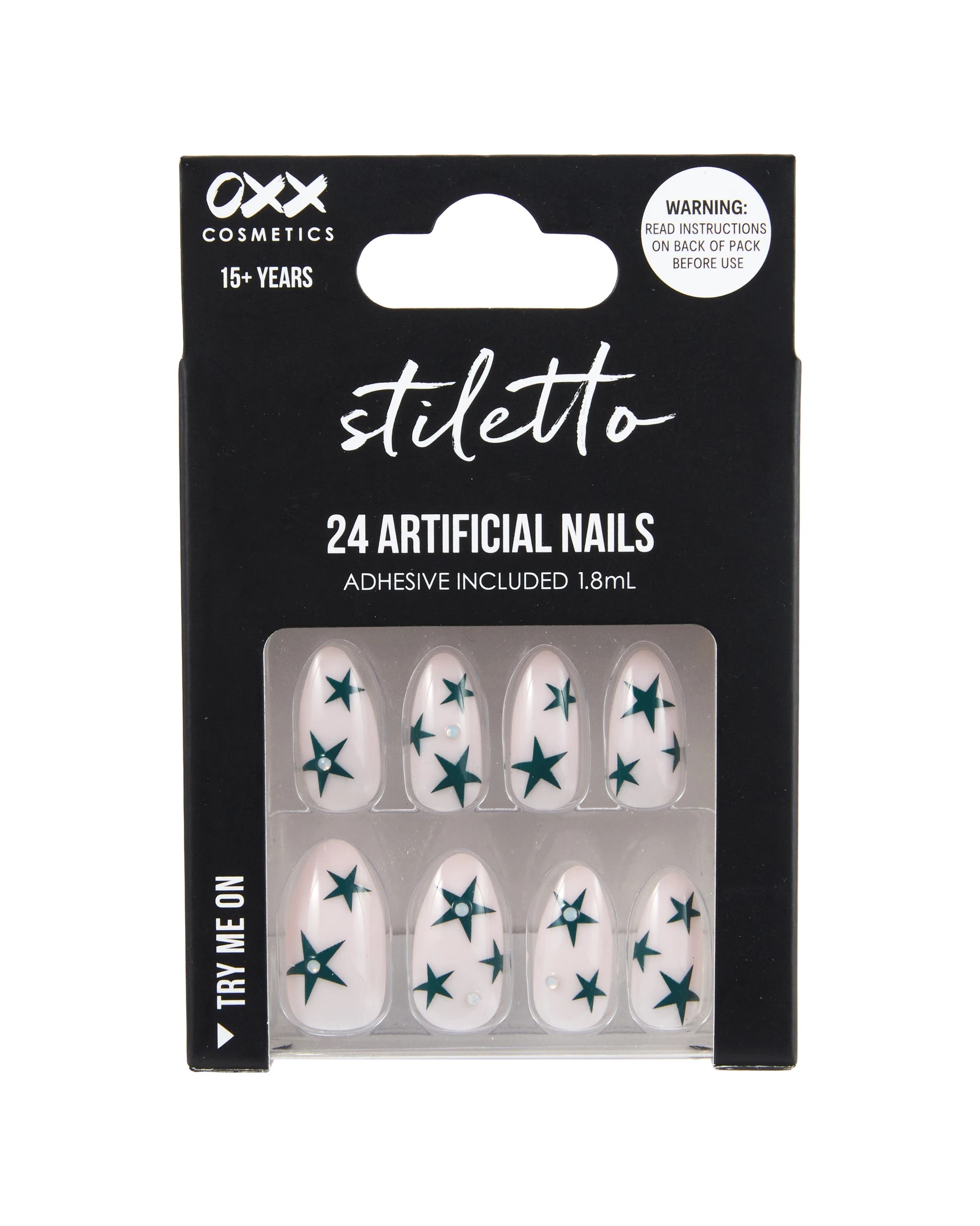 1 OXX Cosmetics 24 Pack Artificial Nails with Adhesive - Pointed Stiletto Shape, Teal Stars with Gems, 1 of 4