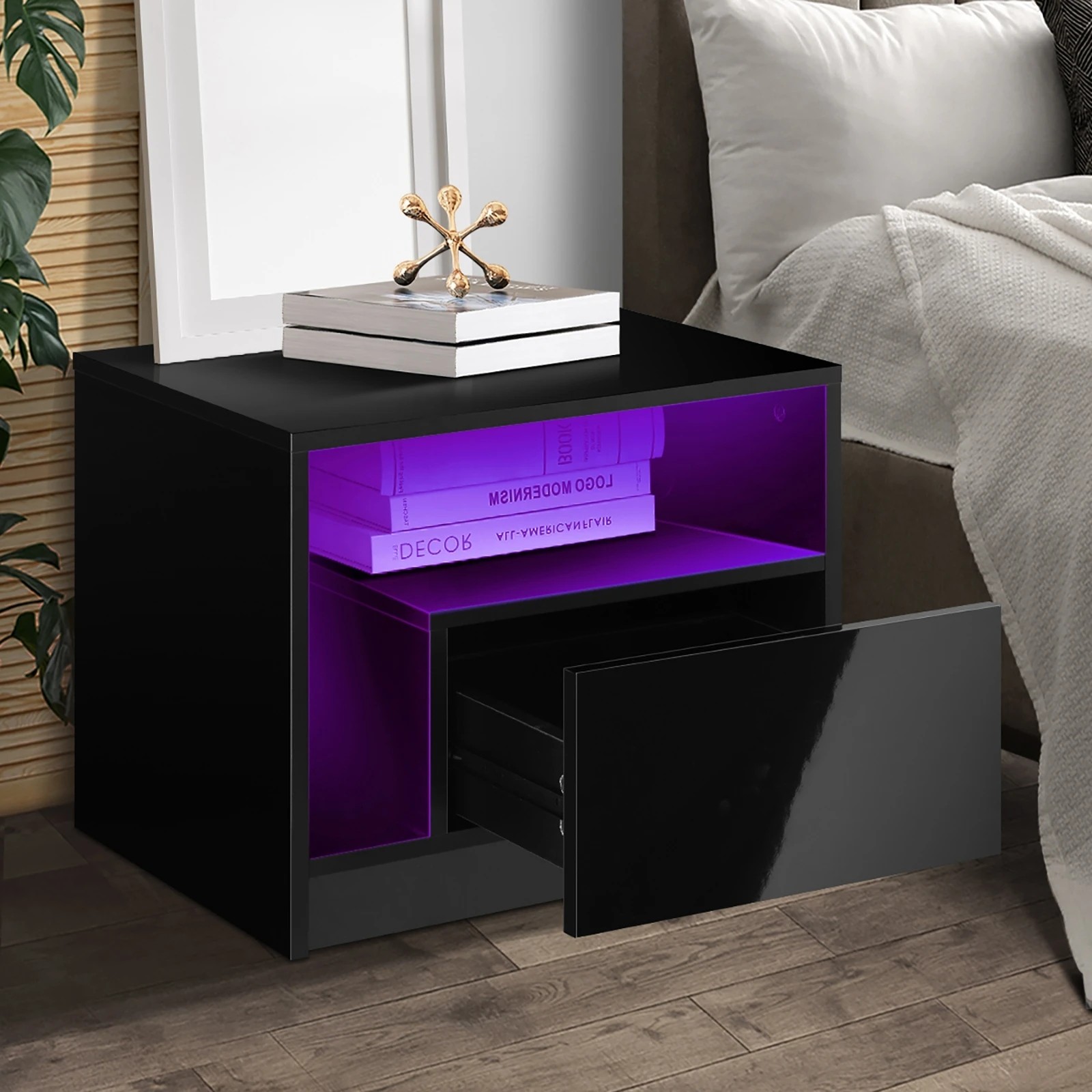 3 Oikiture Bedside Tables Set of 2 LED Side Table Drawers Nightstand - Black, 3 of 7