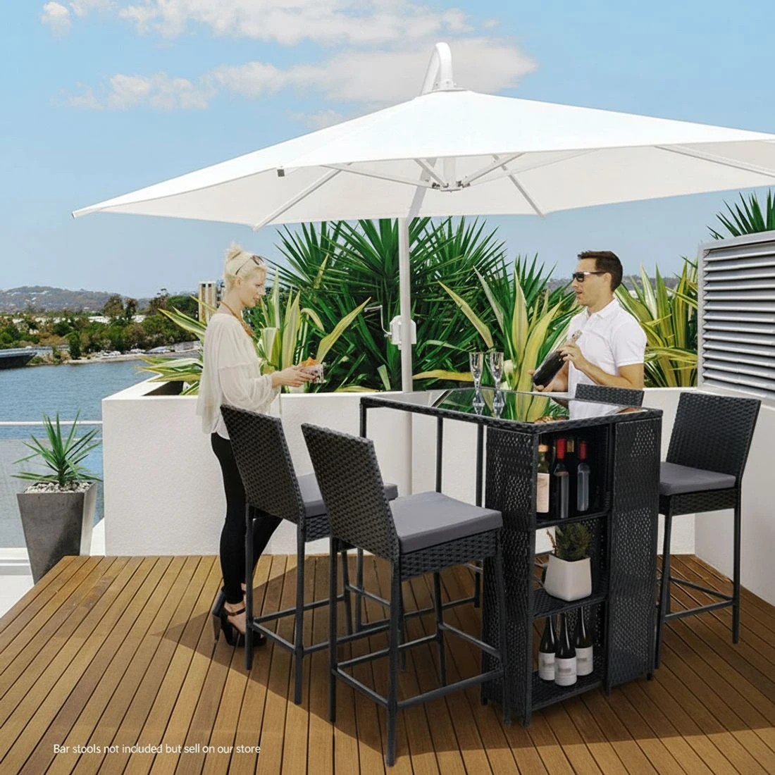 6 Gardeon Outdoor Bar Table Wicker Dining Bistro Glass Desk Steel Patio Furniture - Black, 6 of 6