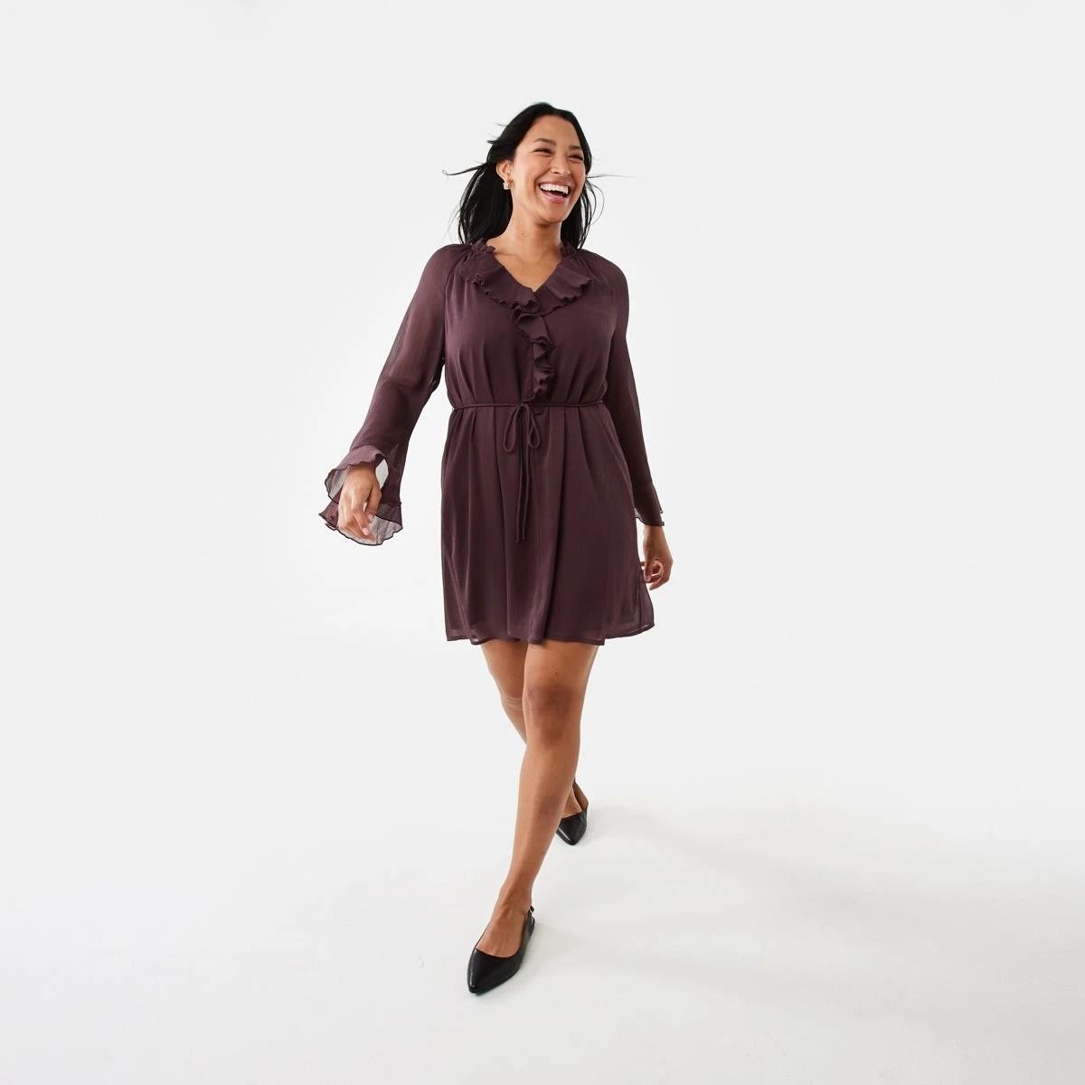 2 Long Sleeve Ruffle Mini Dress Mulberry, 2 of 10