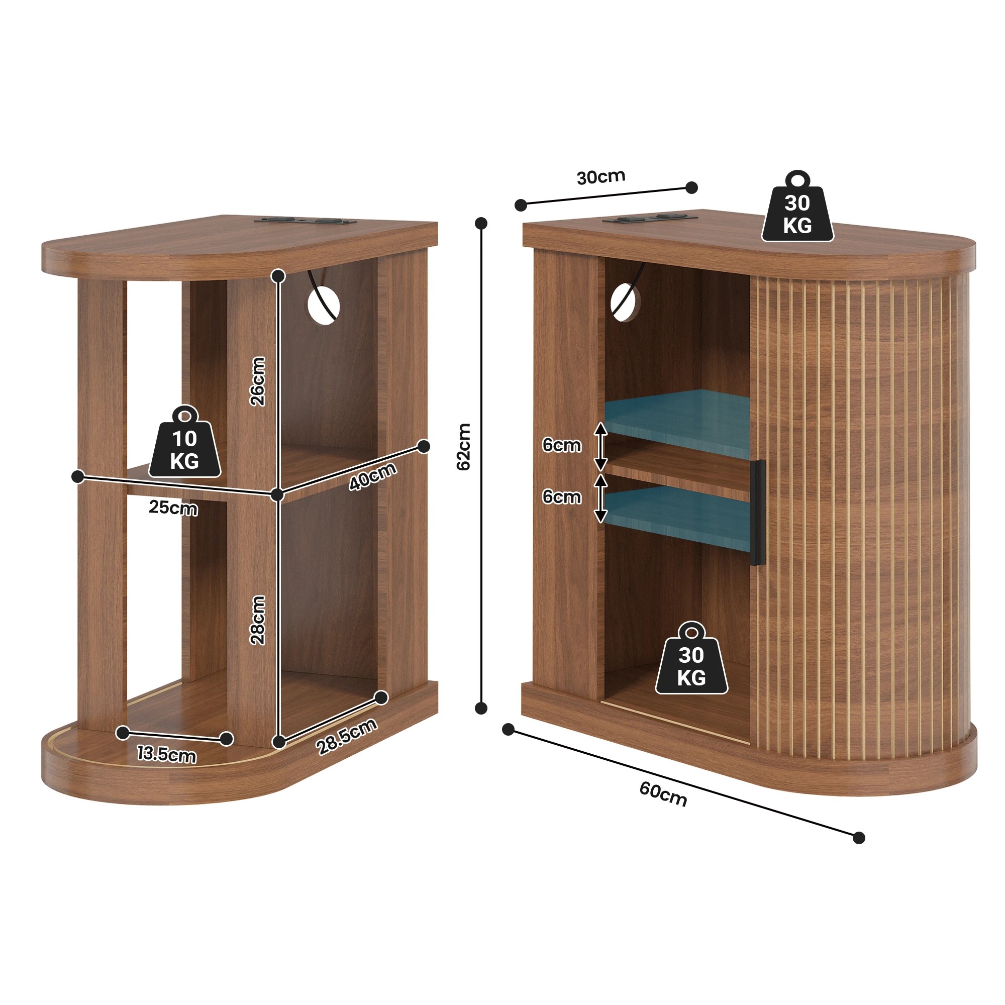 2 Advwin 2pcs Narrow Side Table Fluted Sliding Door Storage Cabinet Compact Bedside Table 60x30x62cm - Brown, 2 of 5