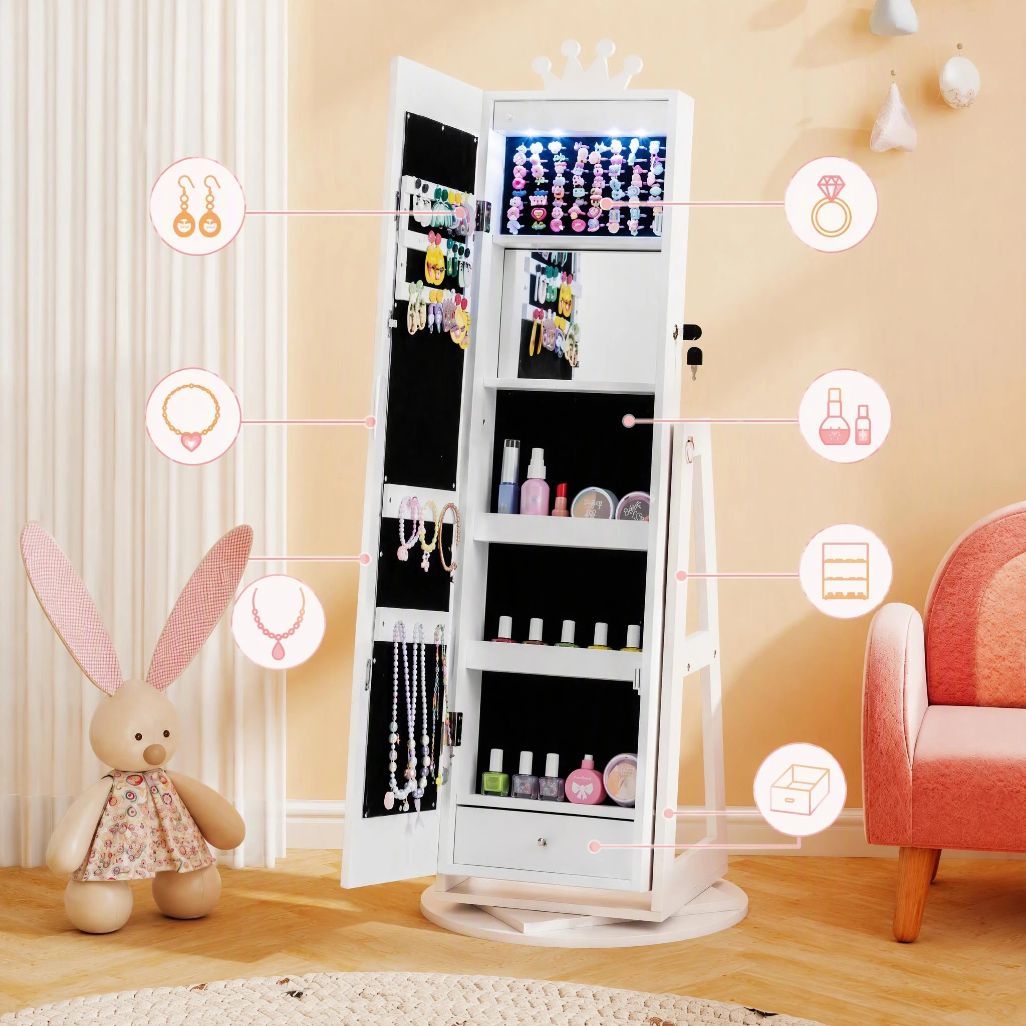 3 Costway Swivel Mirror Jewellery Cabinet Jewelry Organizer Standing Box Princess Armoire - White, 3 of 9