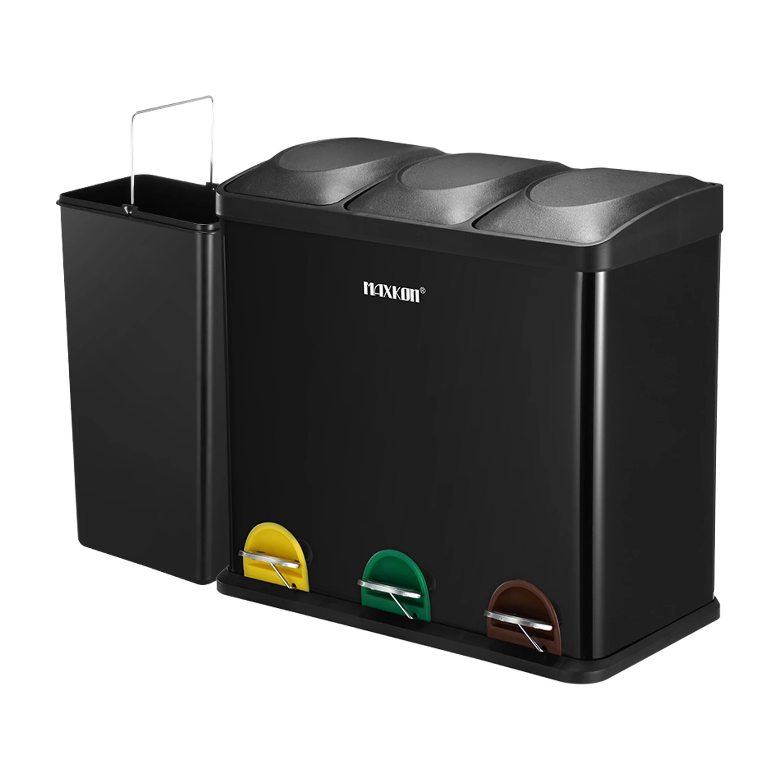 5 Maxkon 54L Rubbish Bin Triple Compartment Pedal Recycling Kitchen Waste Garbage Household Stepbin Coated Steel Black, 5 of 6