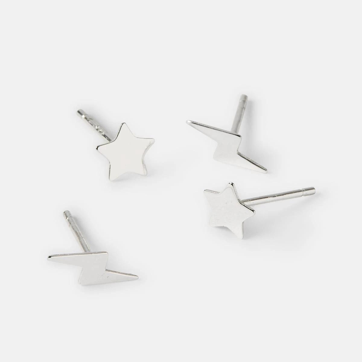 3 2 Pack Sterling Silver Star and Bolt Stud Earrings Silver, 3 of 5