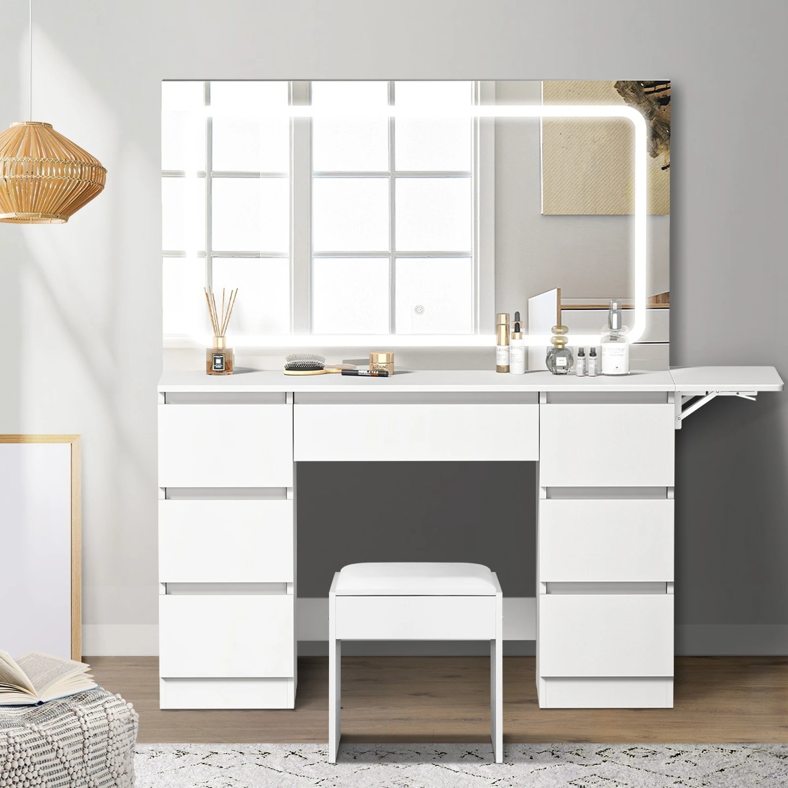 4 Oikiture Dressing Table Stool Set with LED Makeup Mirror Vanity Desk 7 Drawers - White, 4 of 8