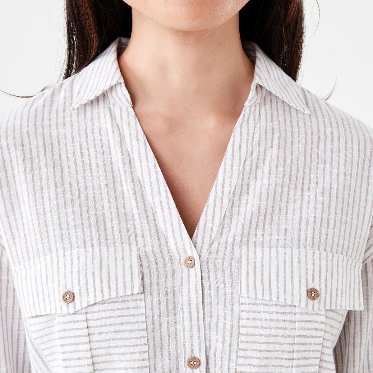 5 Long Roll Sleeve Cotton Shirt Strp Taupe, 5 of 6