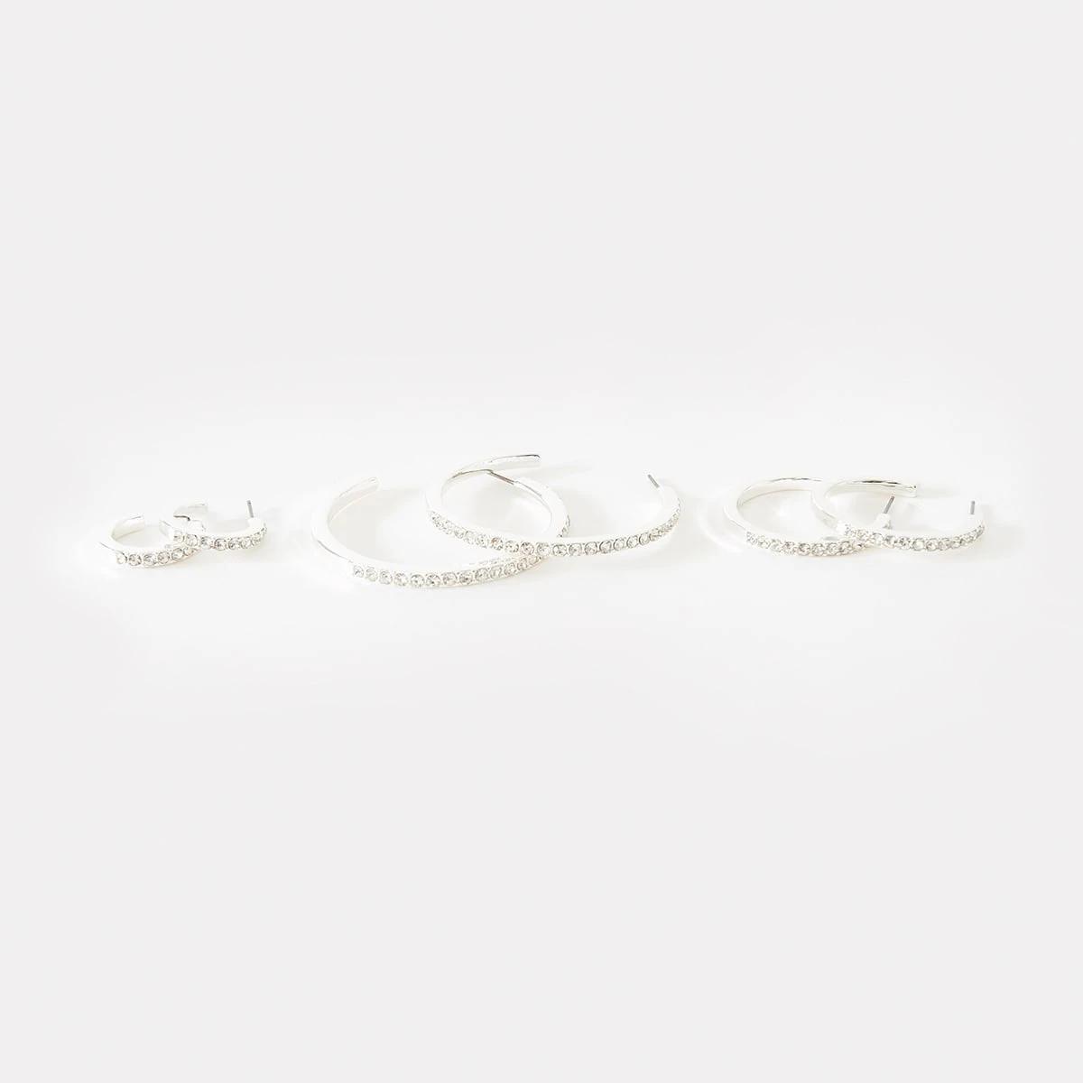 2 3 Pack Diamante Hoop Earrings - Silver Tone Silver, 2 of 5