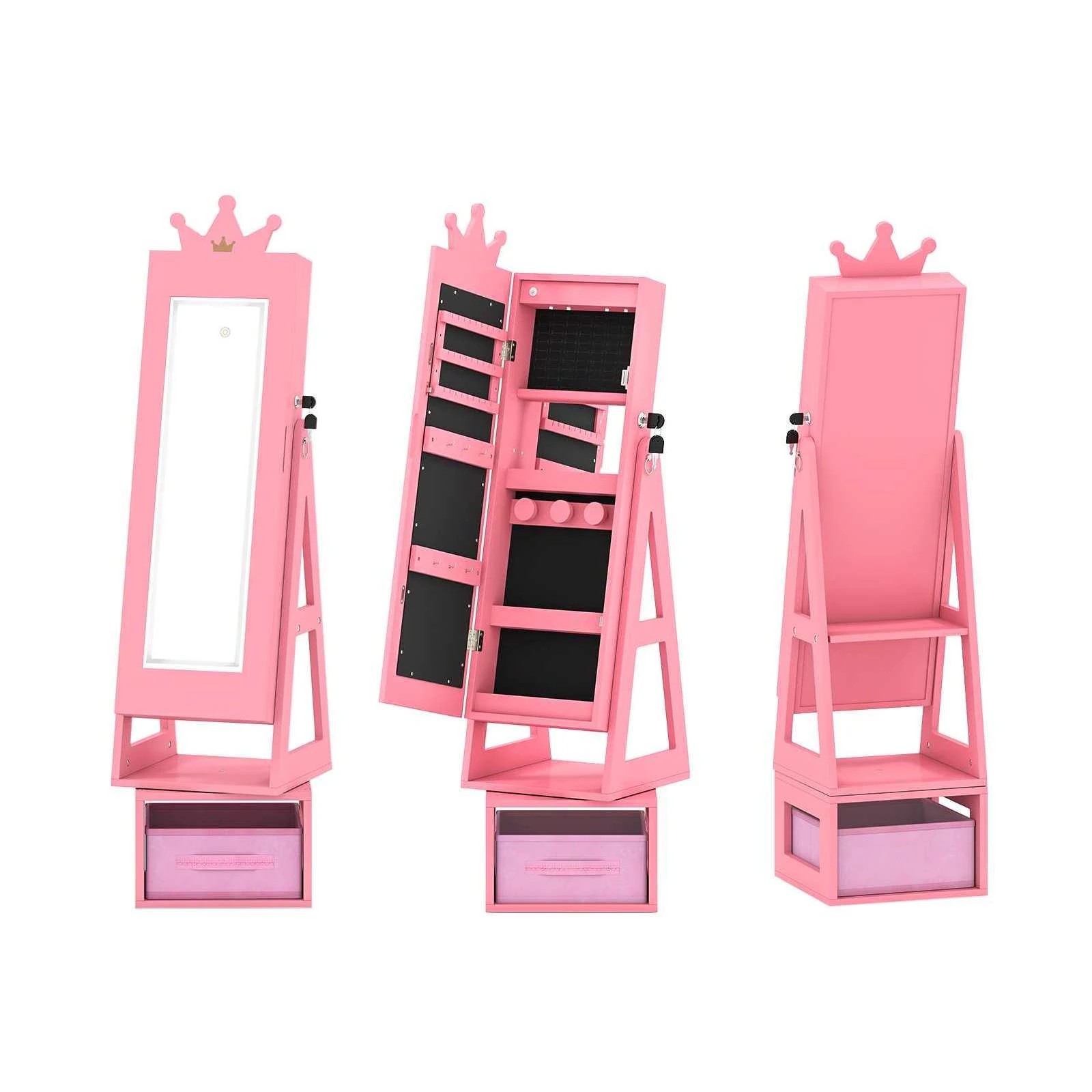 1 Costway 3in1 Swivel Mirror Jewellery Cabinet Crown Jewelry Organizer - Pink, 1 of 2