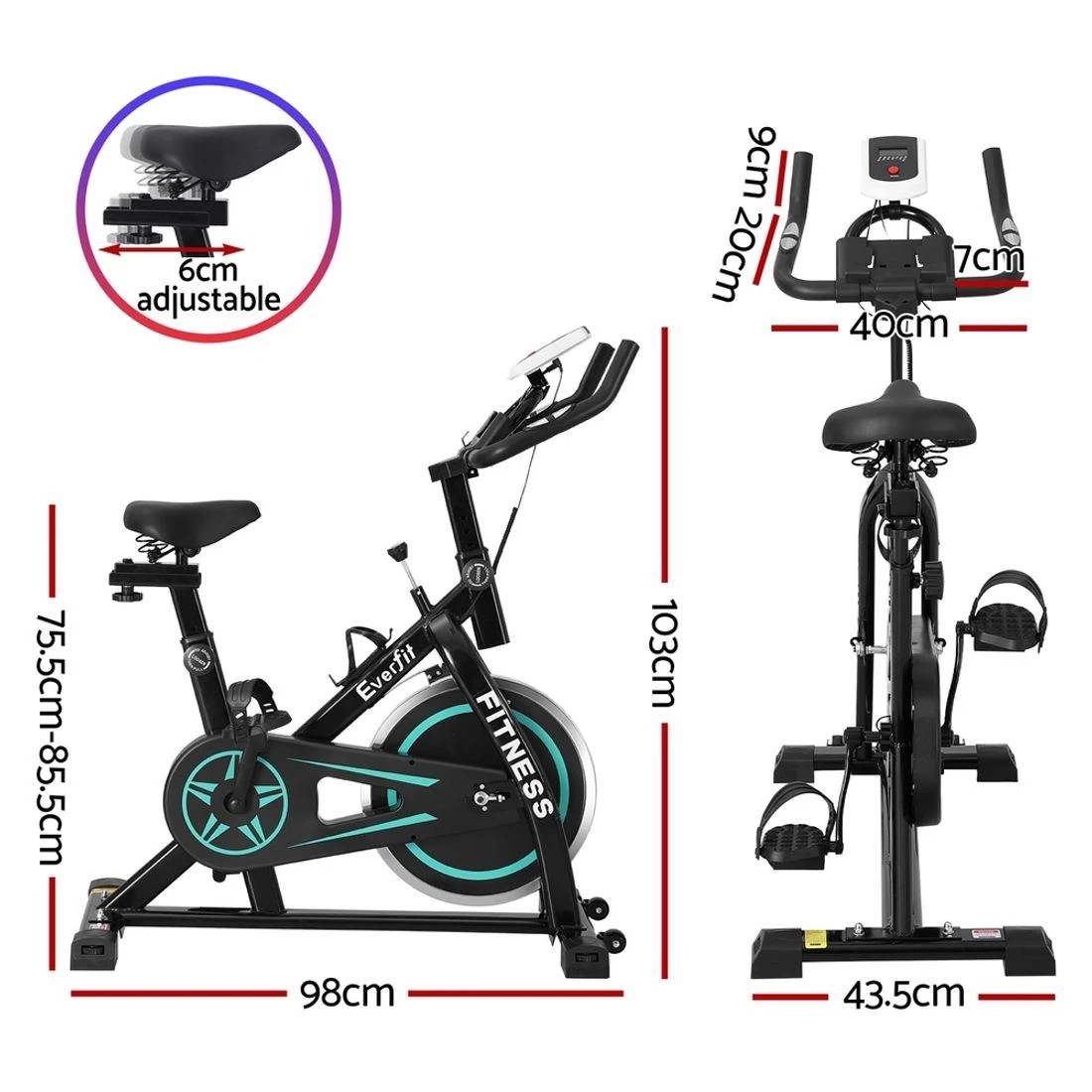 2 Everfit Spin Bike Exercise Bike 10kg Flywheel Fitness Home Gym 150kg - Multi, 2 of 6