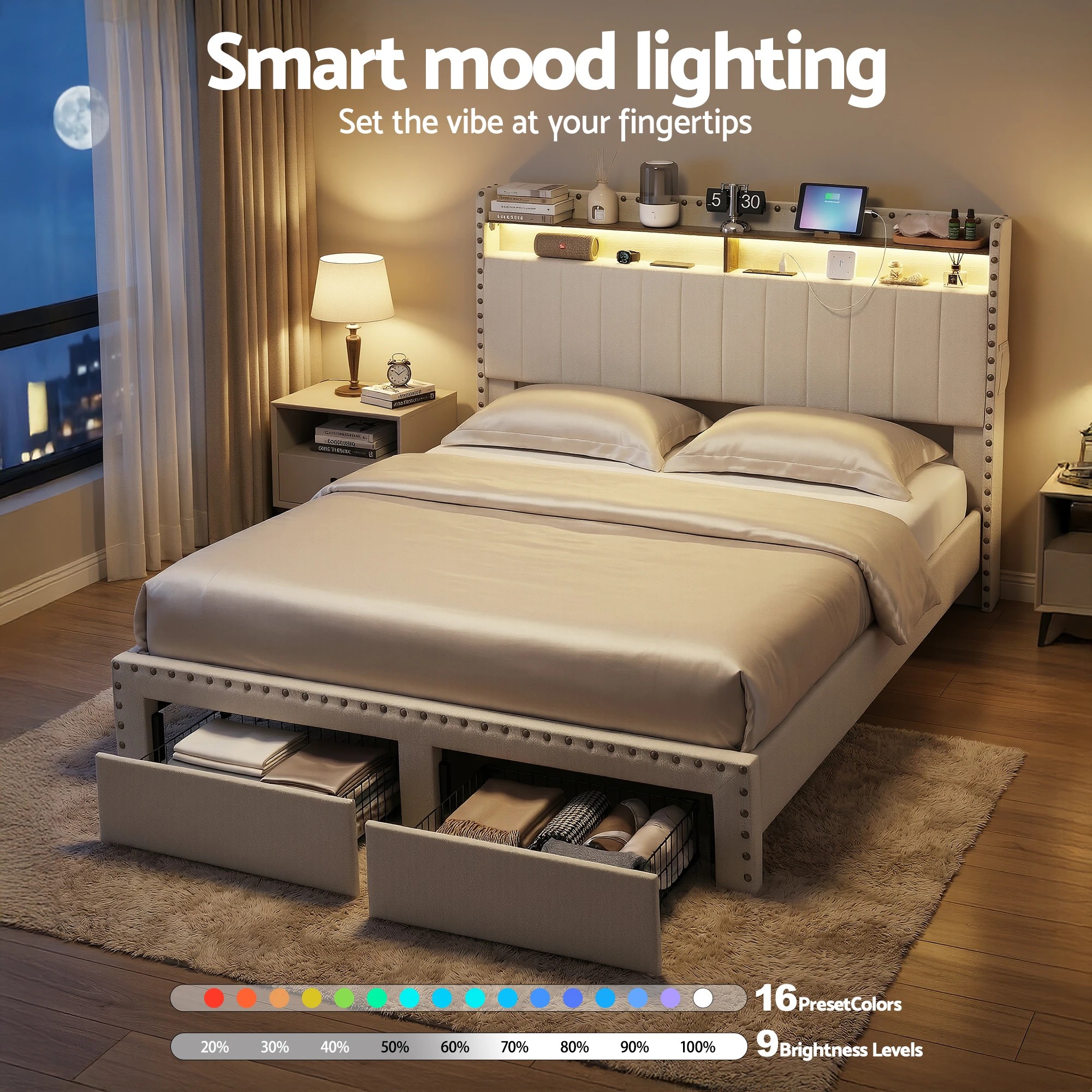 5 Artiss Queen Bed Frame with Shelf Storage Drawers Charging Station Mood Lighting - Beige, 5 of 6