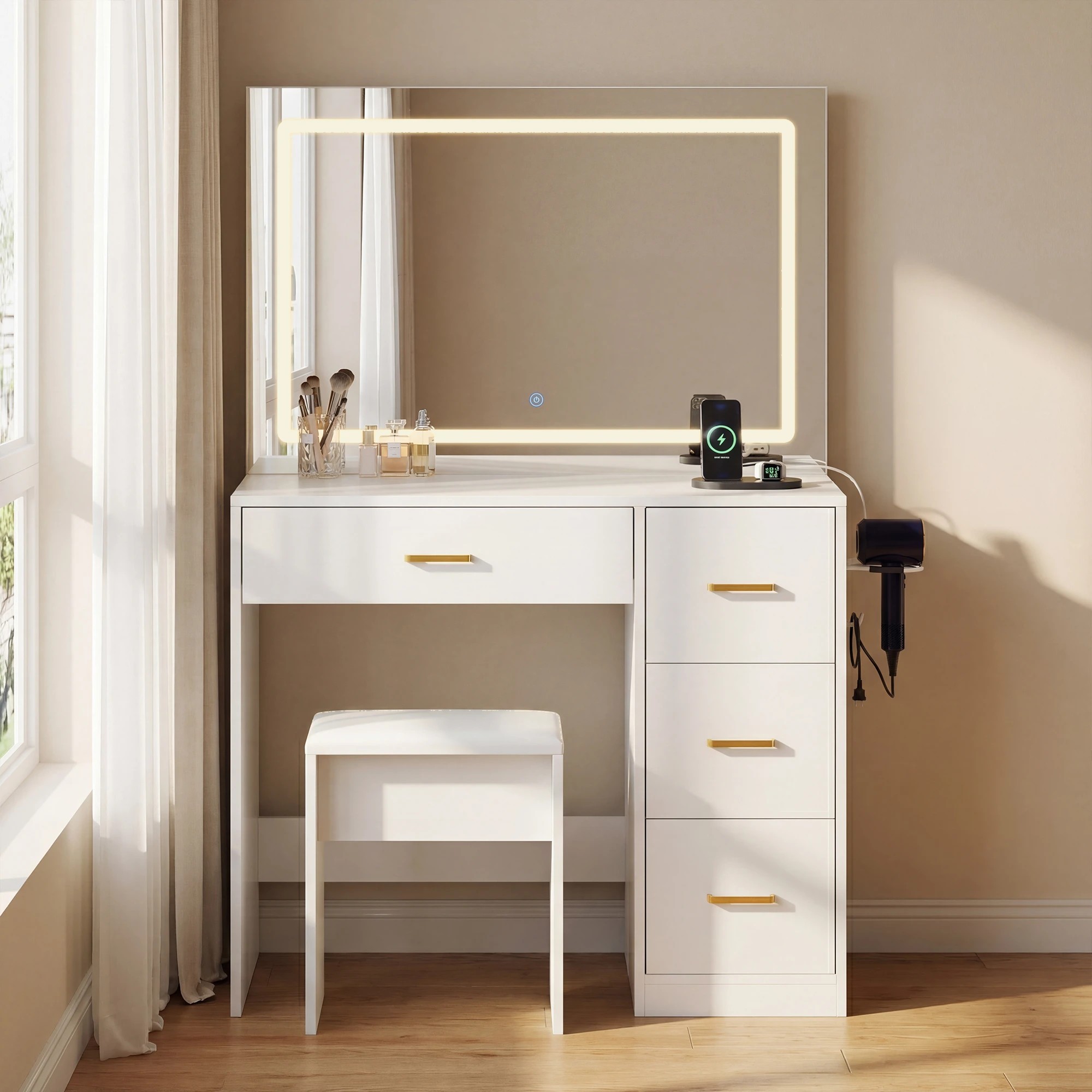 8 Advwin Makeup Vanity Desk with Large LED Mirror Charging Station - White, 8 of 10