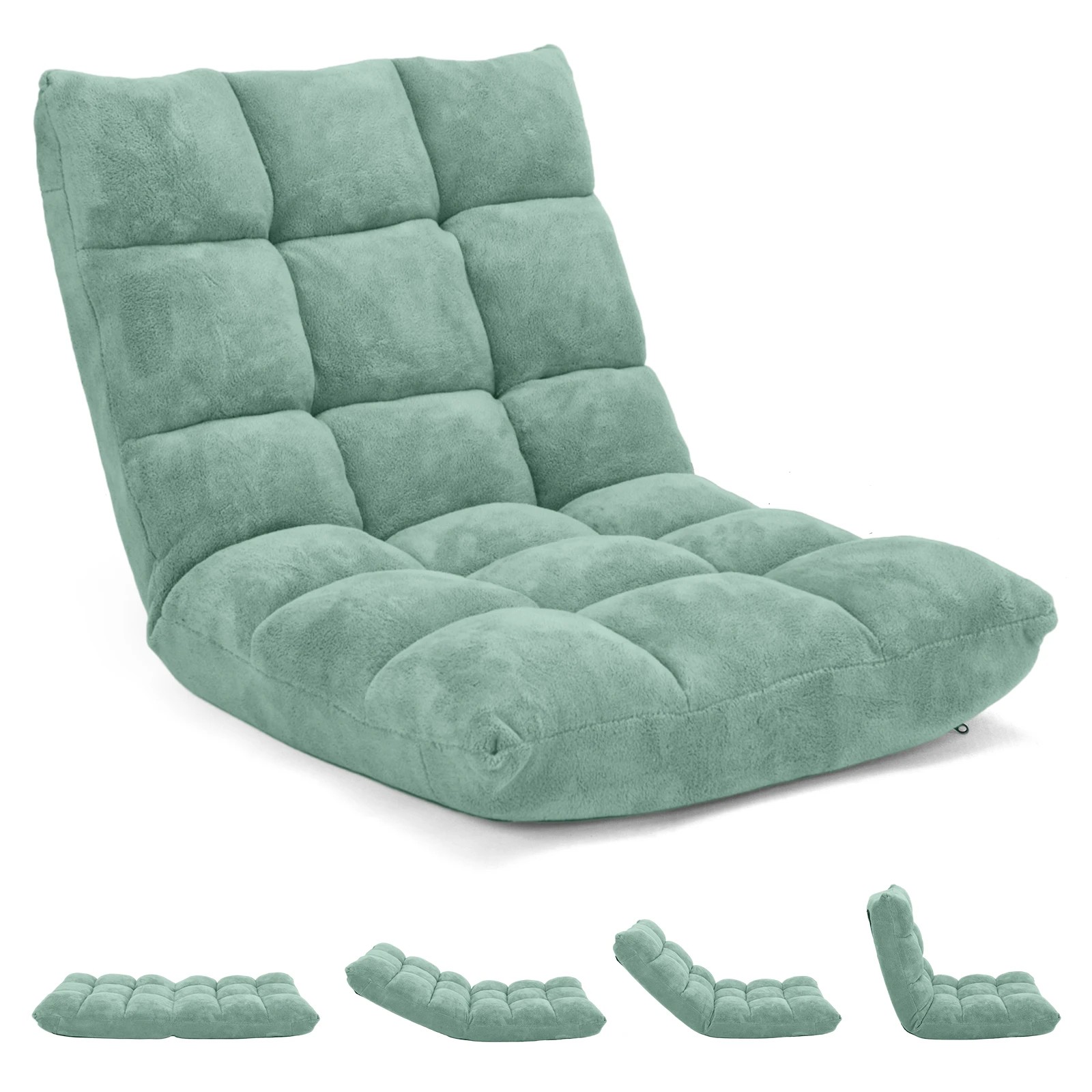 1 Costway Floor Chair Lazy Sofa Velvet Chaise Lounge Lazy Recliner w/14-Position Adjustable Back - Green, 1 of 1