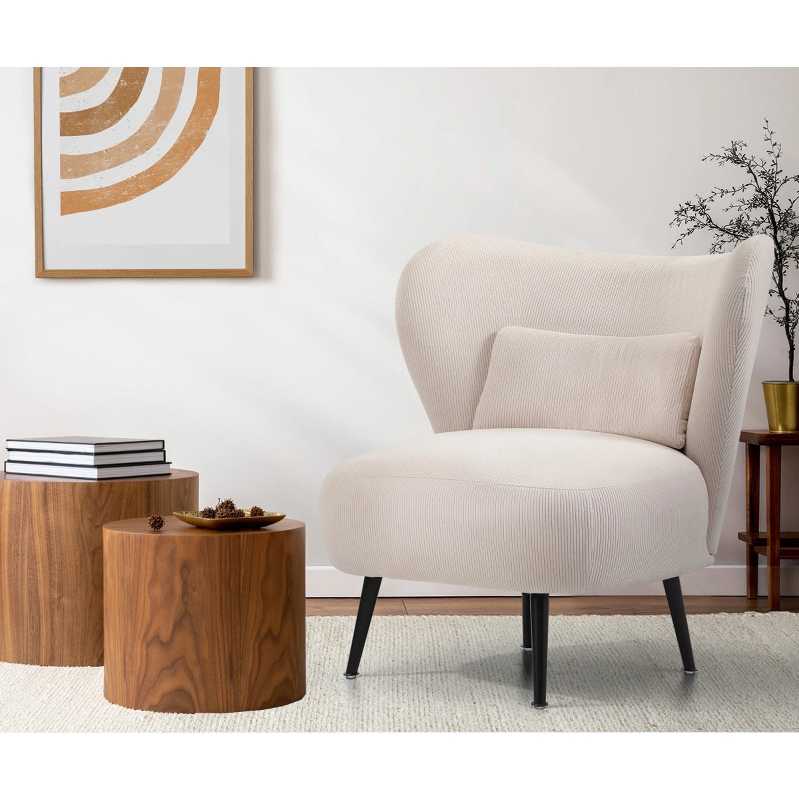 4 Oikiture Armchair Lounge Chair With Lumbar Pillow Wingback Velvet
 - Beige, 4 of 9