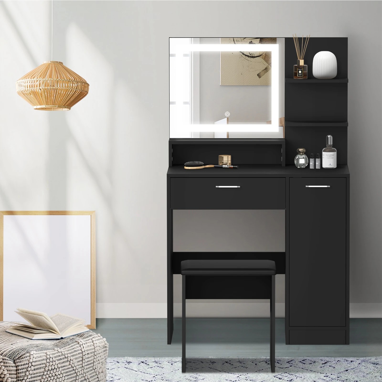 3 Oikiture Dressing Table Stool Set Makeup Mirror Led Light Large Cabinet
 - Black, 3 of 9